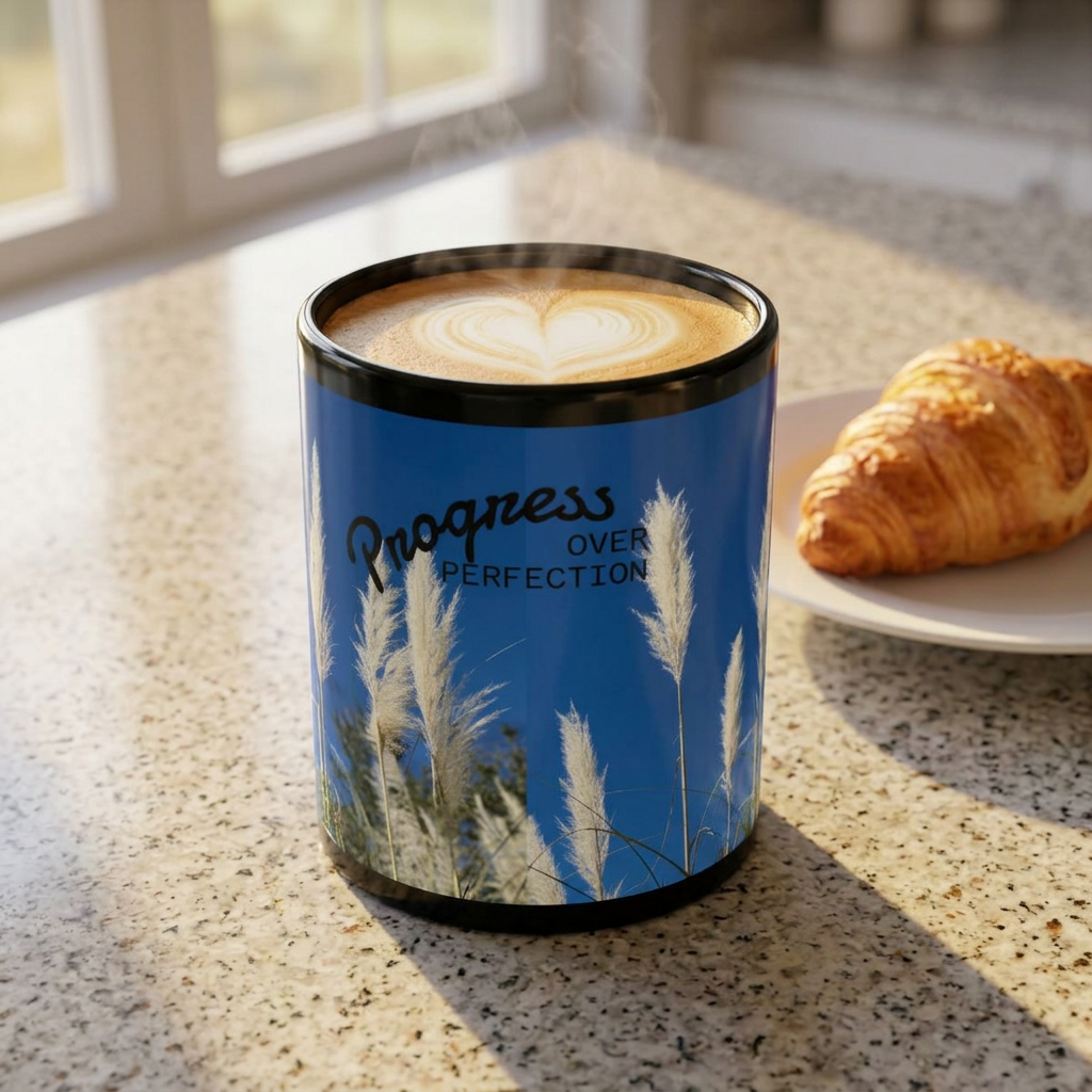Progress Over Perfection Mug — Motivational Black Coffee Cup with Pampas Grass Design (11oz/15oz)