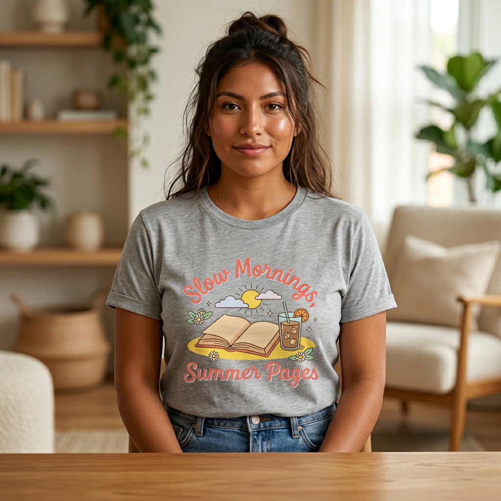 Slow Mornings Summer Pages Tee — Pastel Coastal Summer Shirt