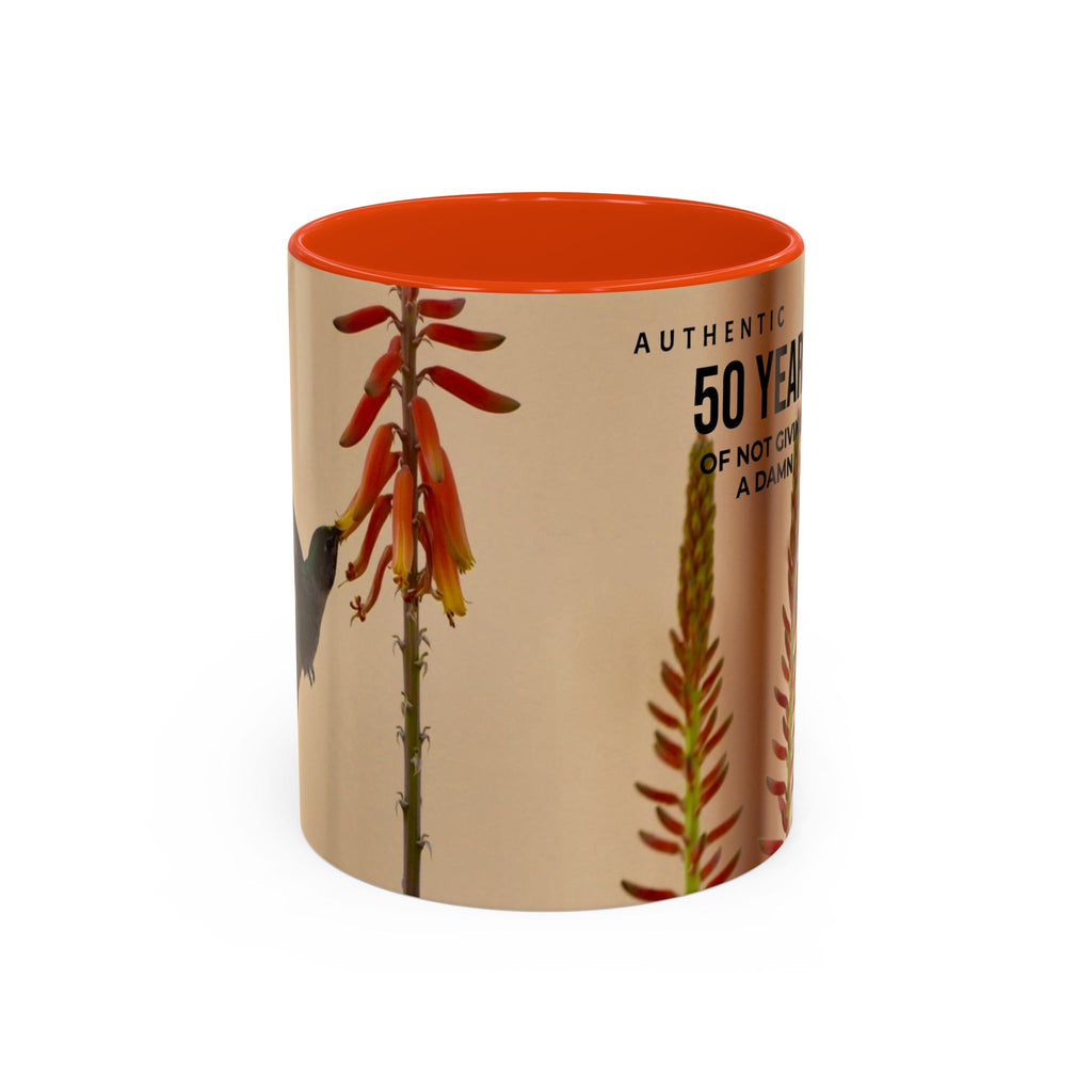50 Years of Not Giving a Damn Mug — Vintage Floral Hummingbird Coffee Cup (11oz, 15oz)