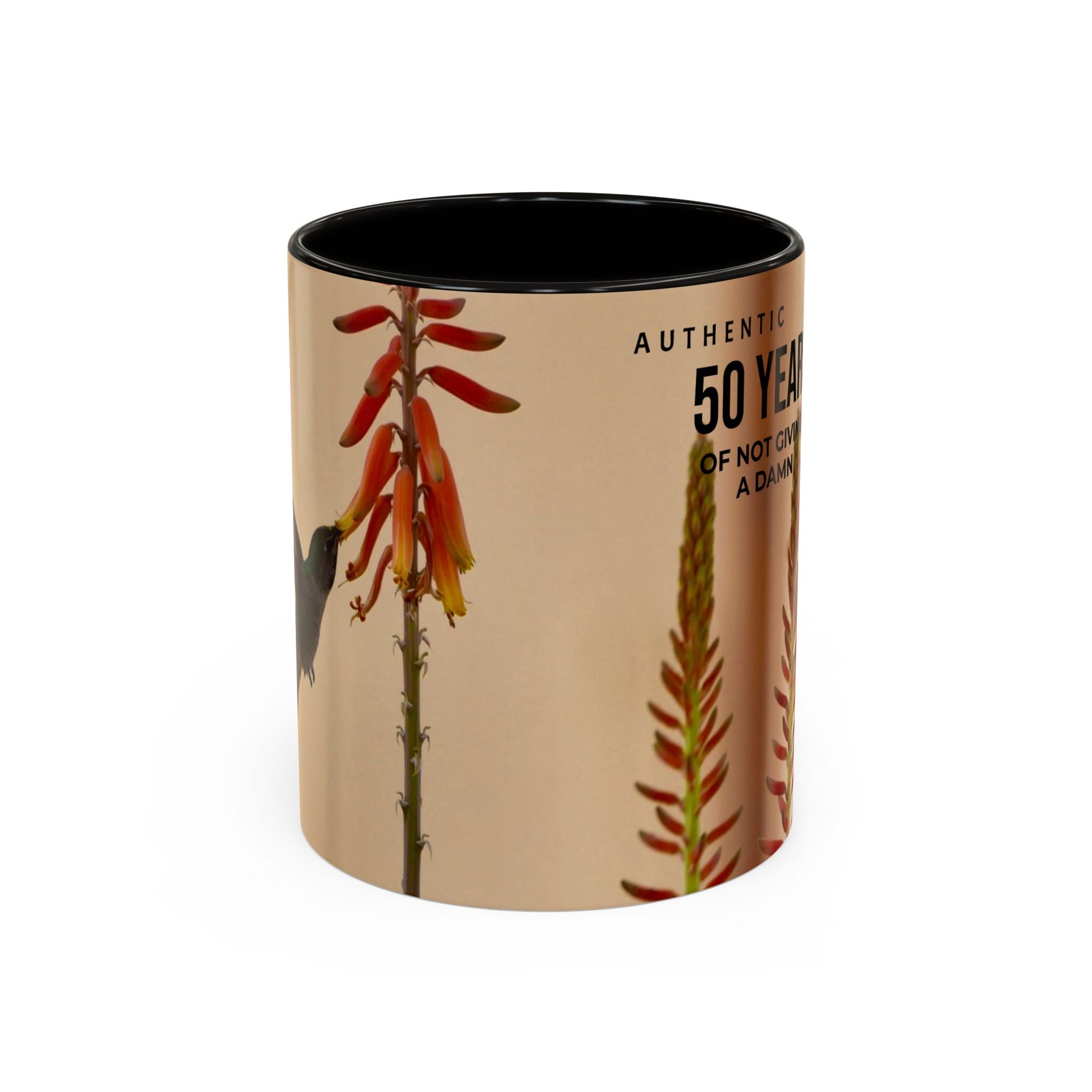 50 Years of Not Giving a Damn Mug — Vintage Floral Hummingbird Coffee Cup (11oz, 15oz)