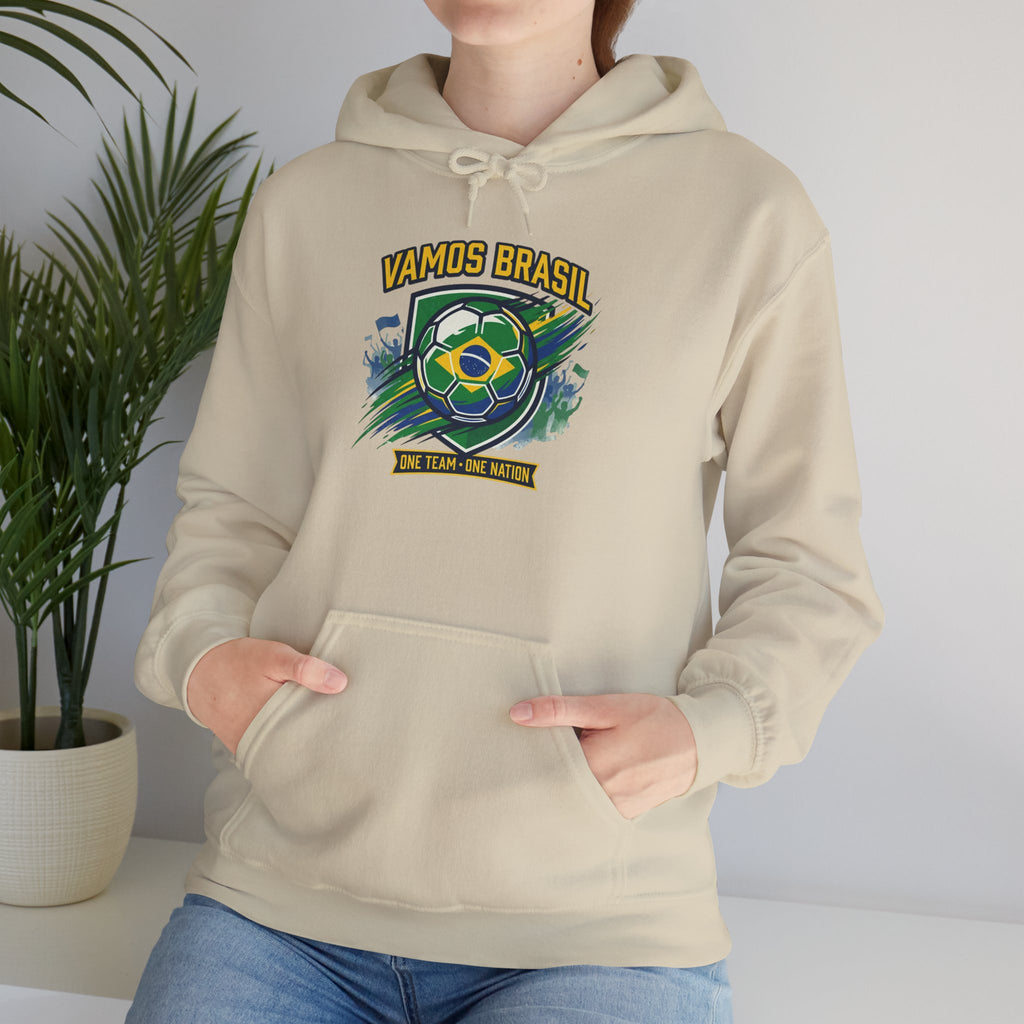 VAMOS BRASIL Retro Soccer Crest Hoodie — Brazil Flag Country Pride