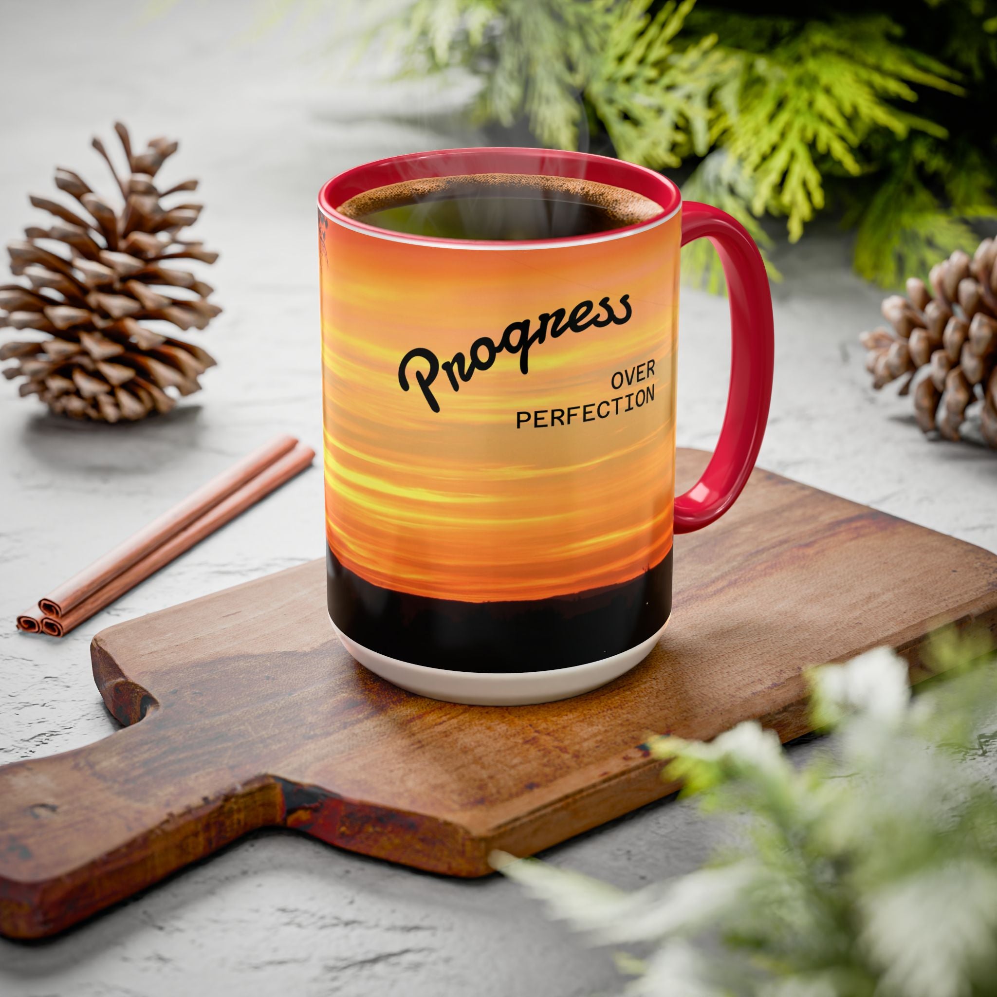 Progress Over Perfection Sunset Mug — Rural NE Oregon Motivational Coffee Cup (11oz/15oz)