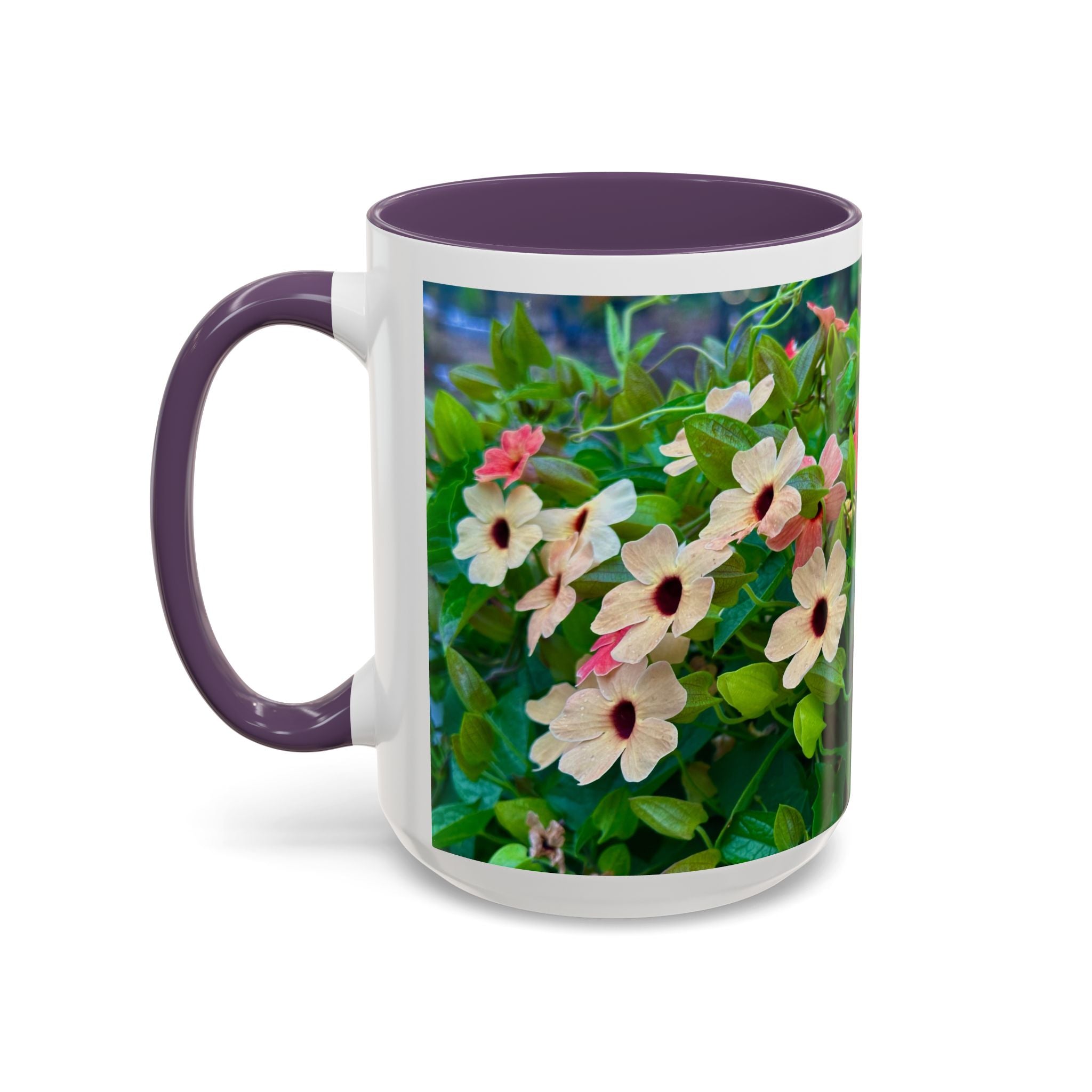 Floral Vinca Accent Coffee Mug — Pink & White Petunia Garden Design (11/15oz)