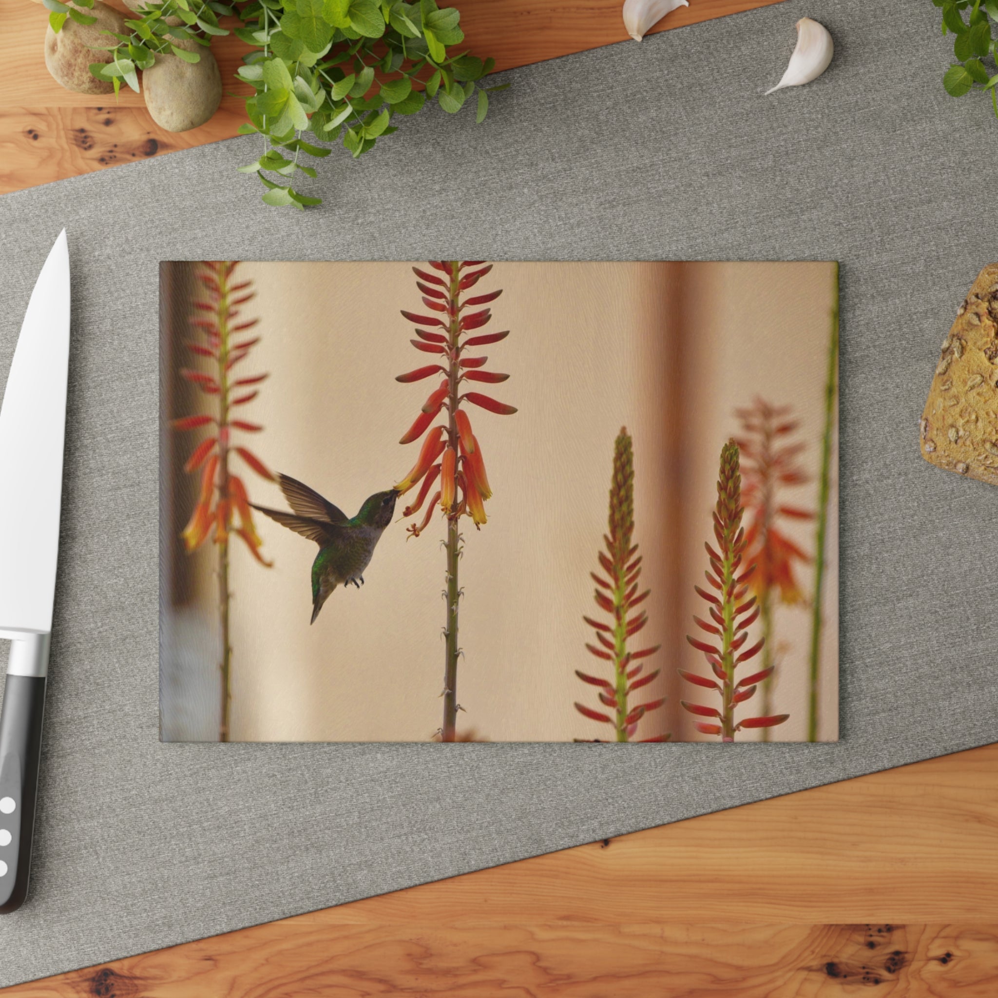 Glass Cutting Board — Hummingbird & Aloe Flowers Kitchen Cutting Board