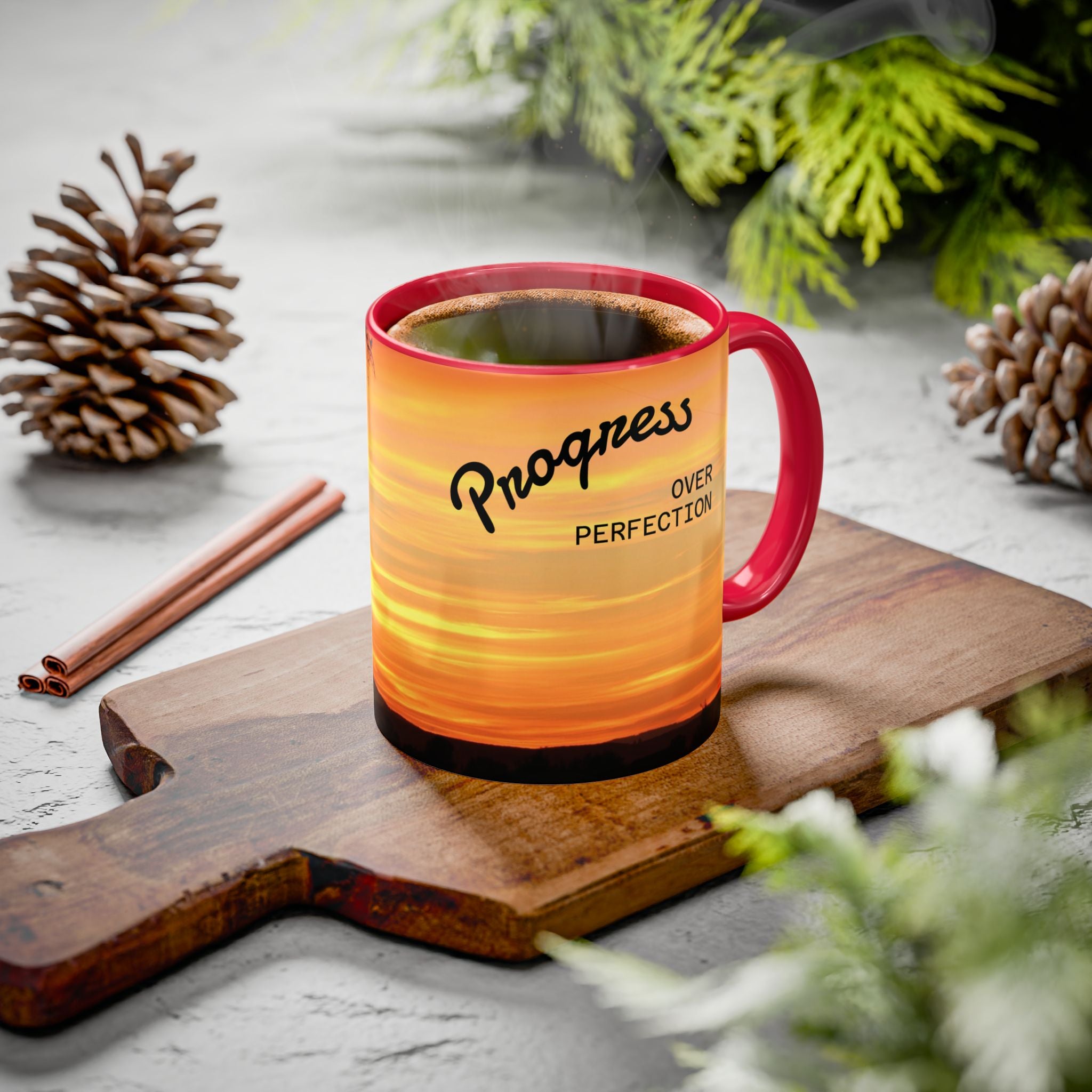 Progress Over Perfection Sunset Mug — Rural NE Oregon Motivational Coffee Cup (11oz/15oz)