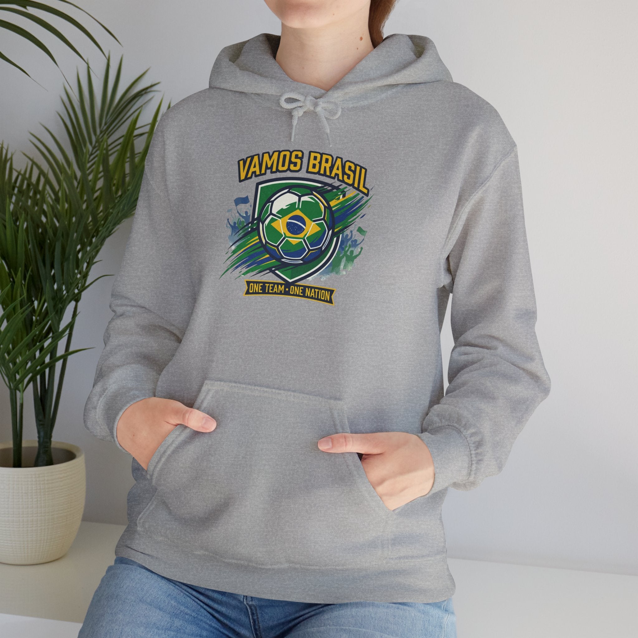 VAMOS BRASIL Retro Soccer Crest Hoodie — Brazil Flag Country Pride