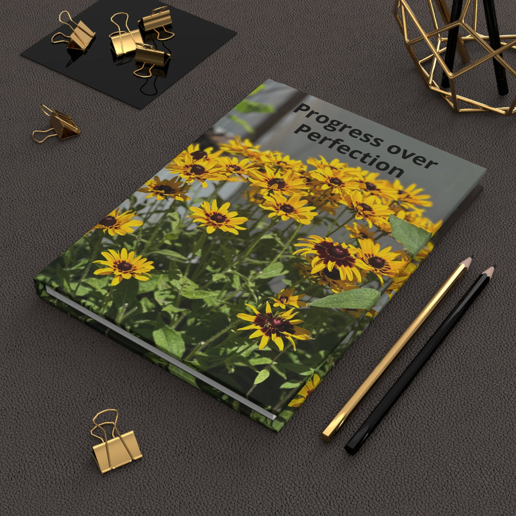 Progress Over Perfection Hardcover Journal — Floral Black-Eyed Susan Notebook for Mindful Notes