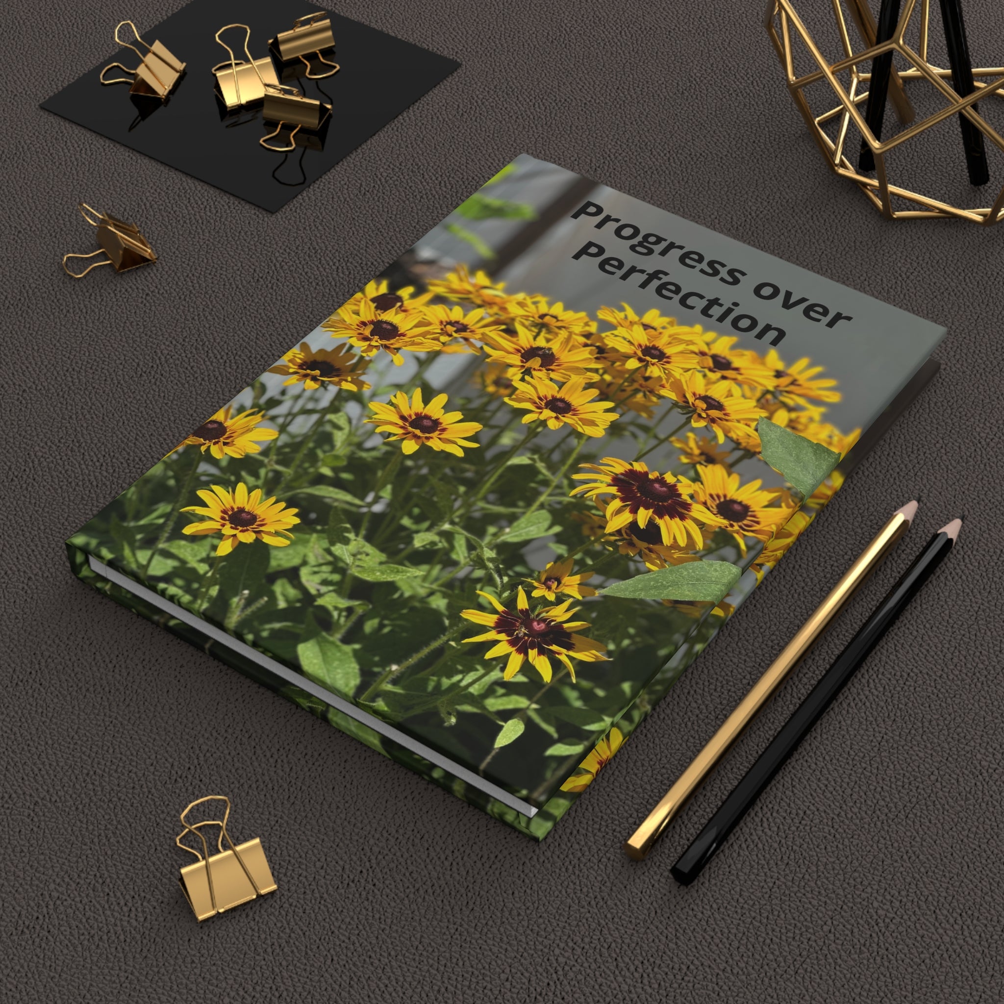 Progress Over Perfection Hardcover Journal — Floral Black-Eyed Susan Notebook for Mindful Notes