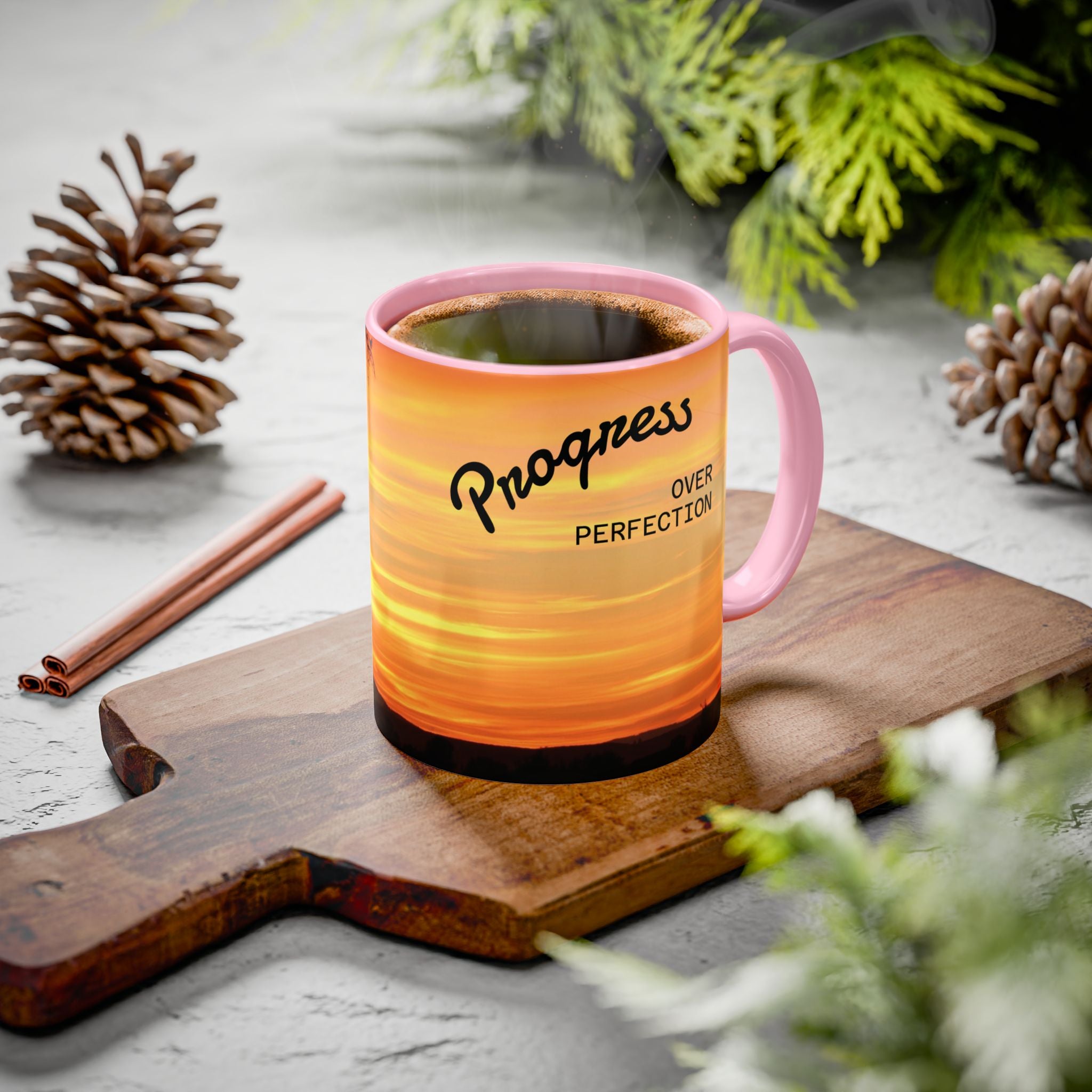 Progress Over Perfection Sunset Mug — Rural NE Oregon Motivational Coffee Cup (11oz/15oz)