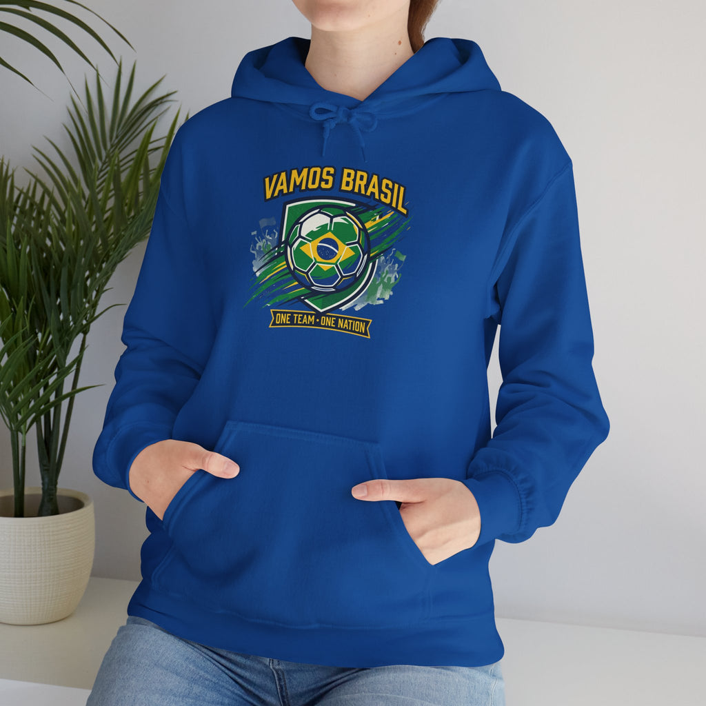 VAMOS BRASIL Retro Soccer Crest Hoodie — Brazil Flag Country Pride
