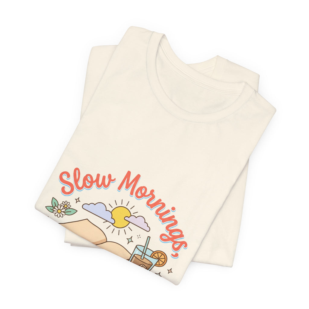 Slow Mornings Summer Pages Tee — Pastel Coastal Summer Shirt
