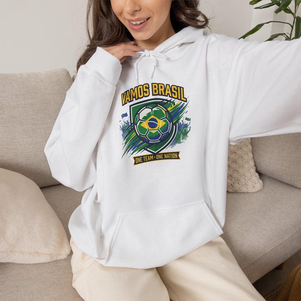 VAMOS BRASIL Retro Soccer Crest Hoodie — Brazil Flag Country Pride