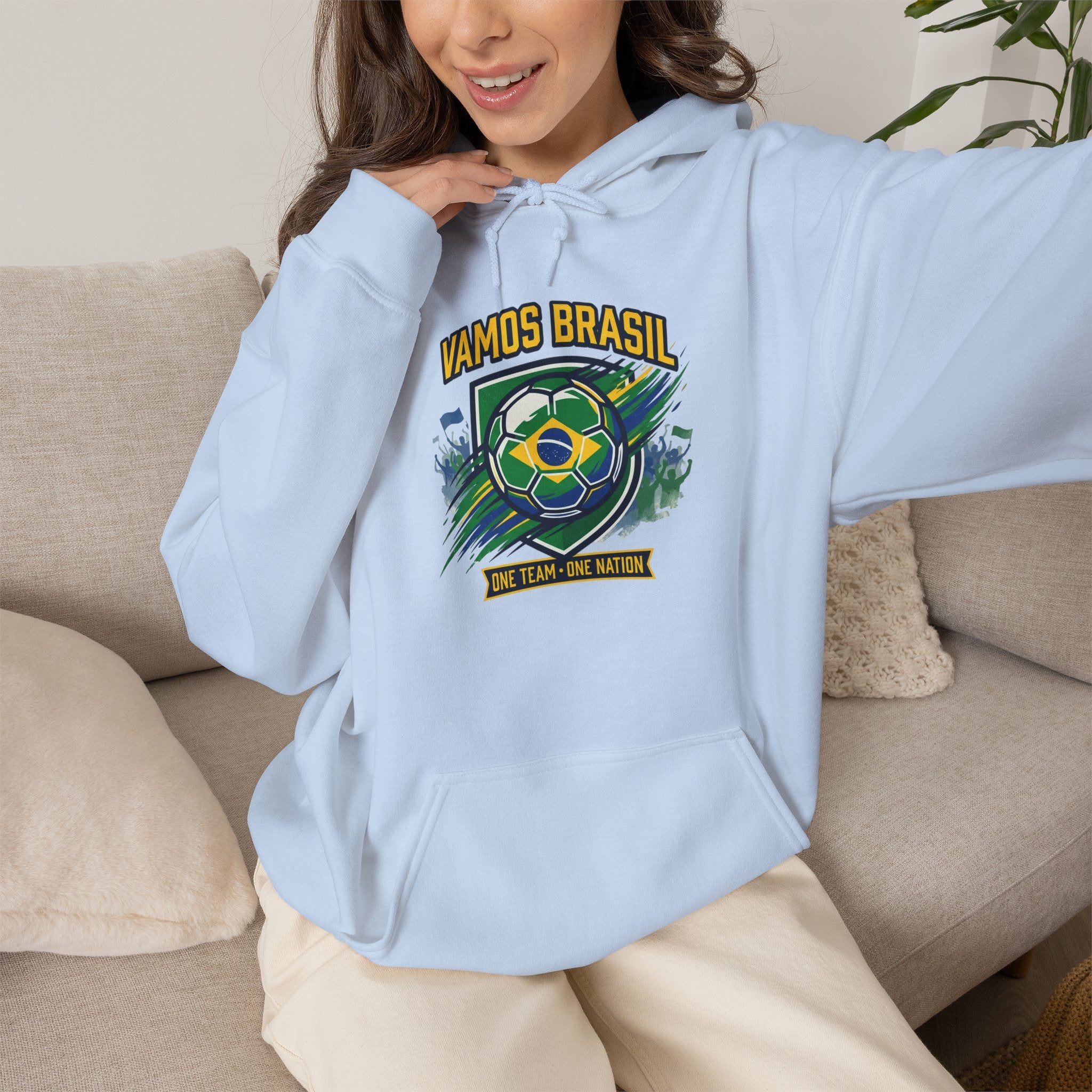 VAMOS BRASIL Retro Soccer Crest Hoodie — Brazil Flag Country Pride