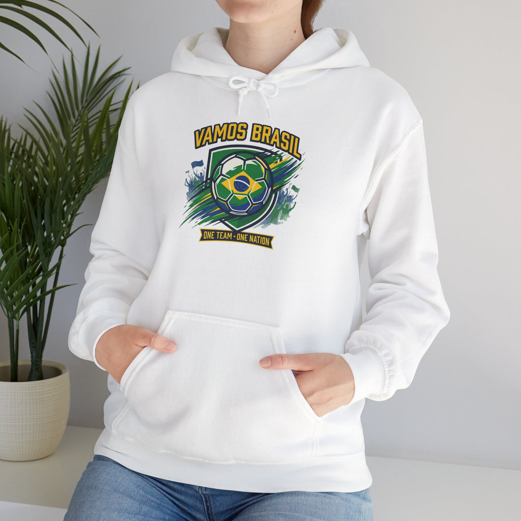 VAMOS BRASIL Retro Soccer Crest Hoodie — Brazil Flag Country Pride