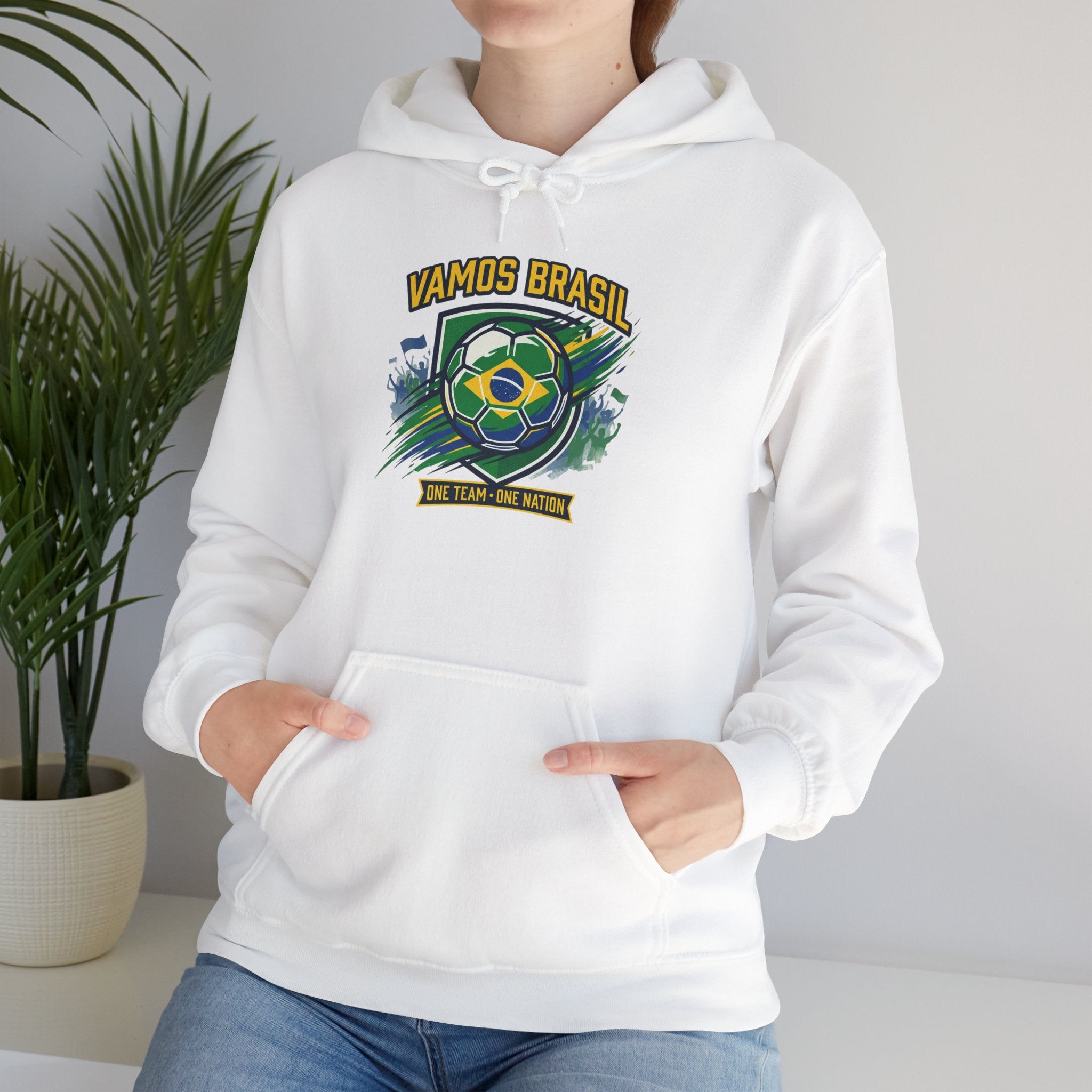 VAMOS BRASIL Retro Soccer Crest Hoodie — Brazil Flag Country Pride