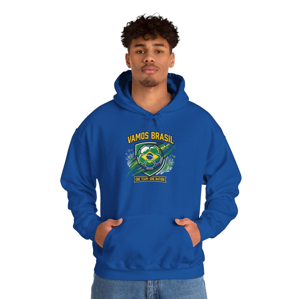 VAMOS BRASIL Retro Soccer Crest Hoodie — Brazil Flag Country Pride