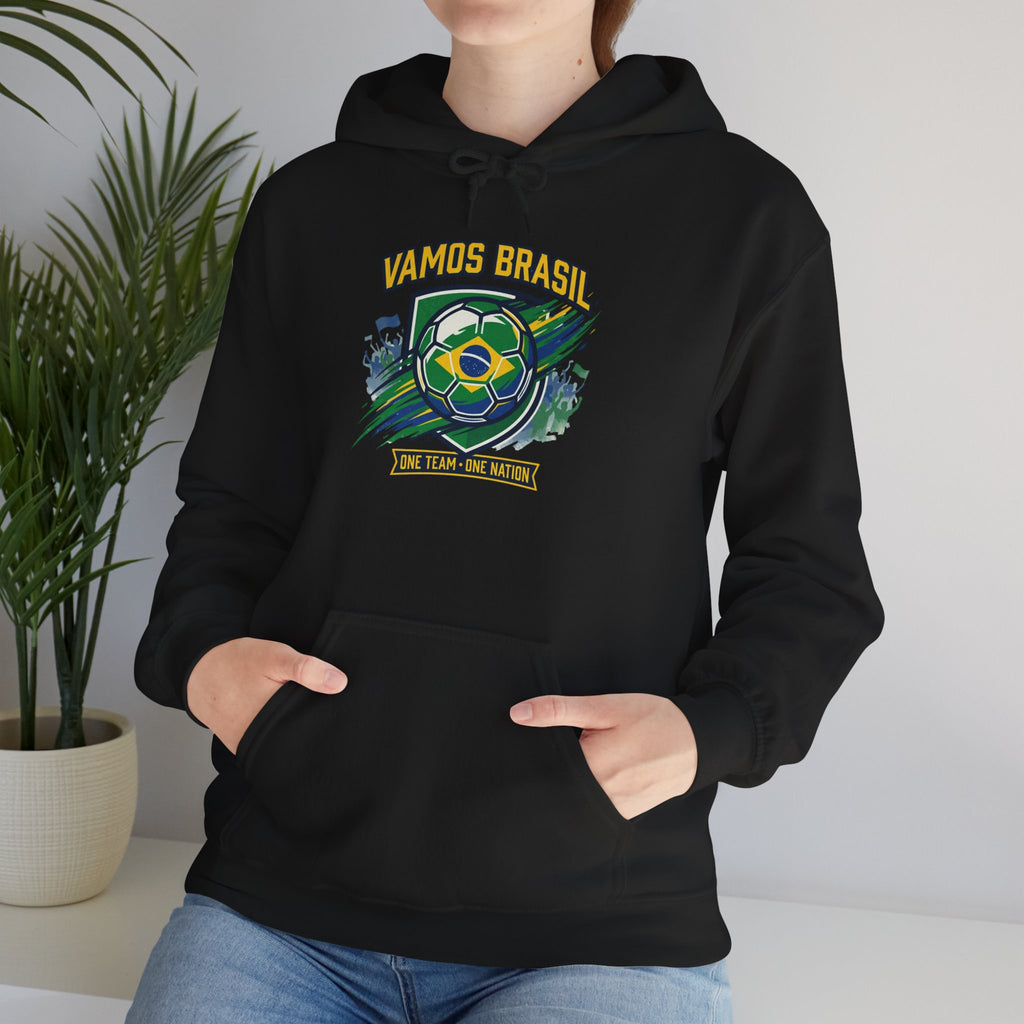VAMOS BRASIL Retro Soccer Crest Hoodie — Brazil Flag Country Pride