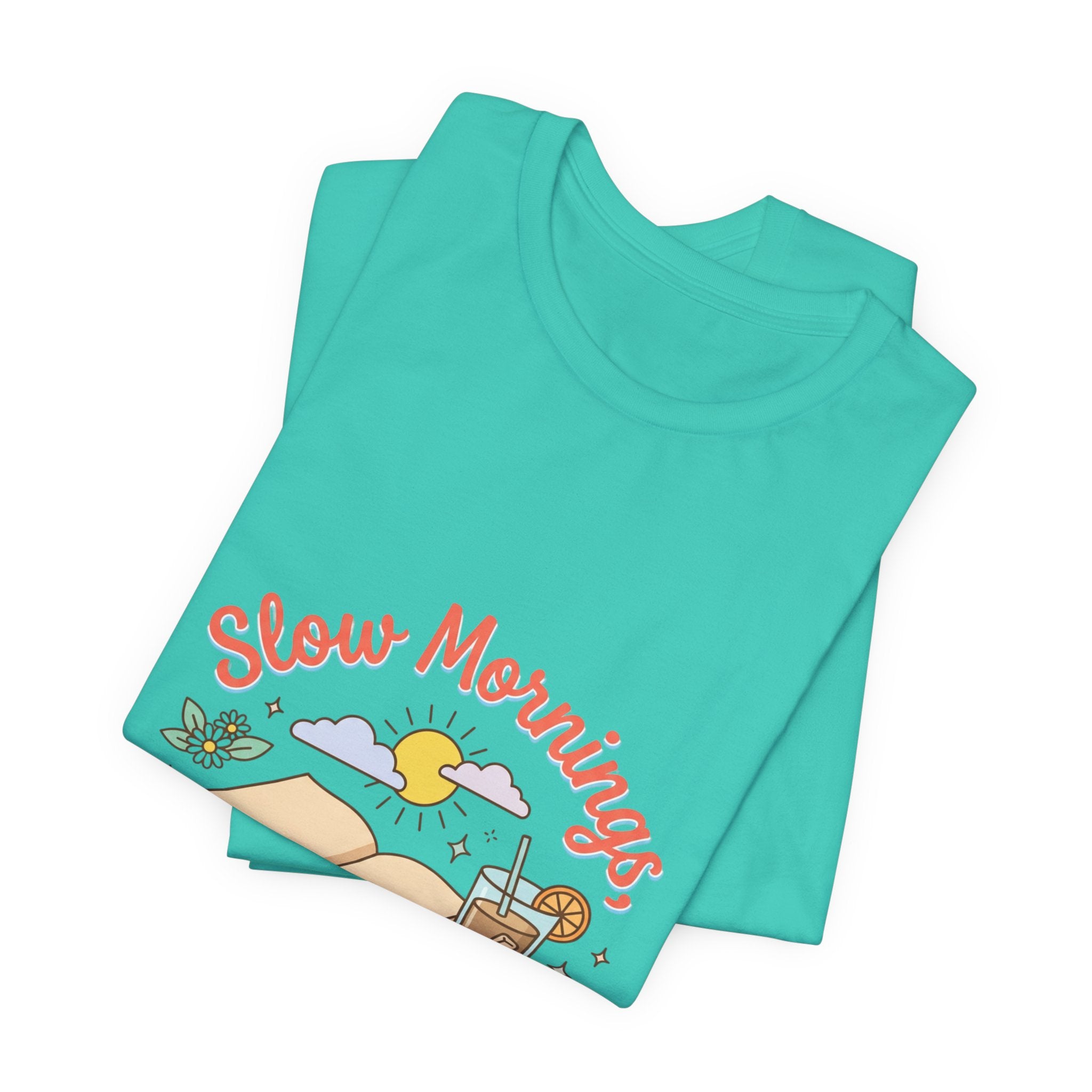 Slow Mornings Summer Pages Tee — Pastel Coastal Summer Shirt