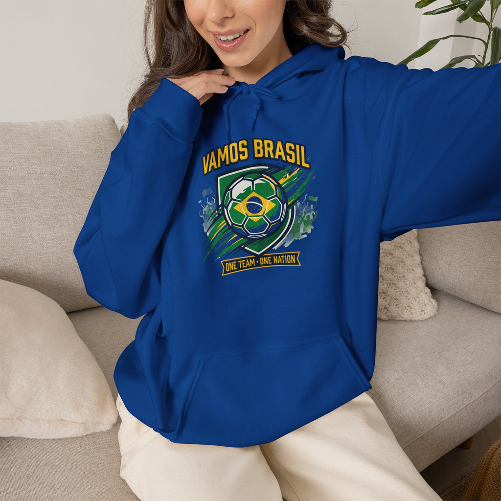 VAMOS BRASIL Retro Soccer Crest Hoodie — Brazil Flag Country Pride
