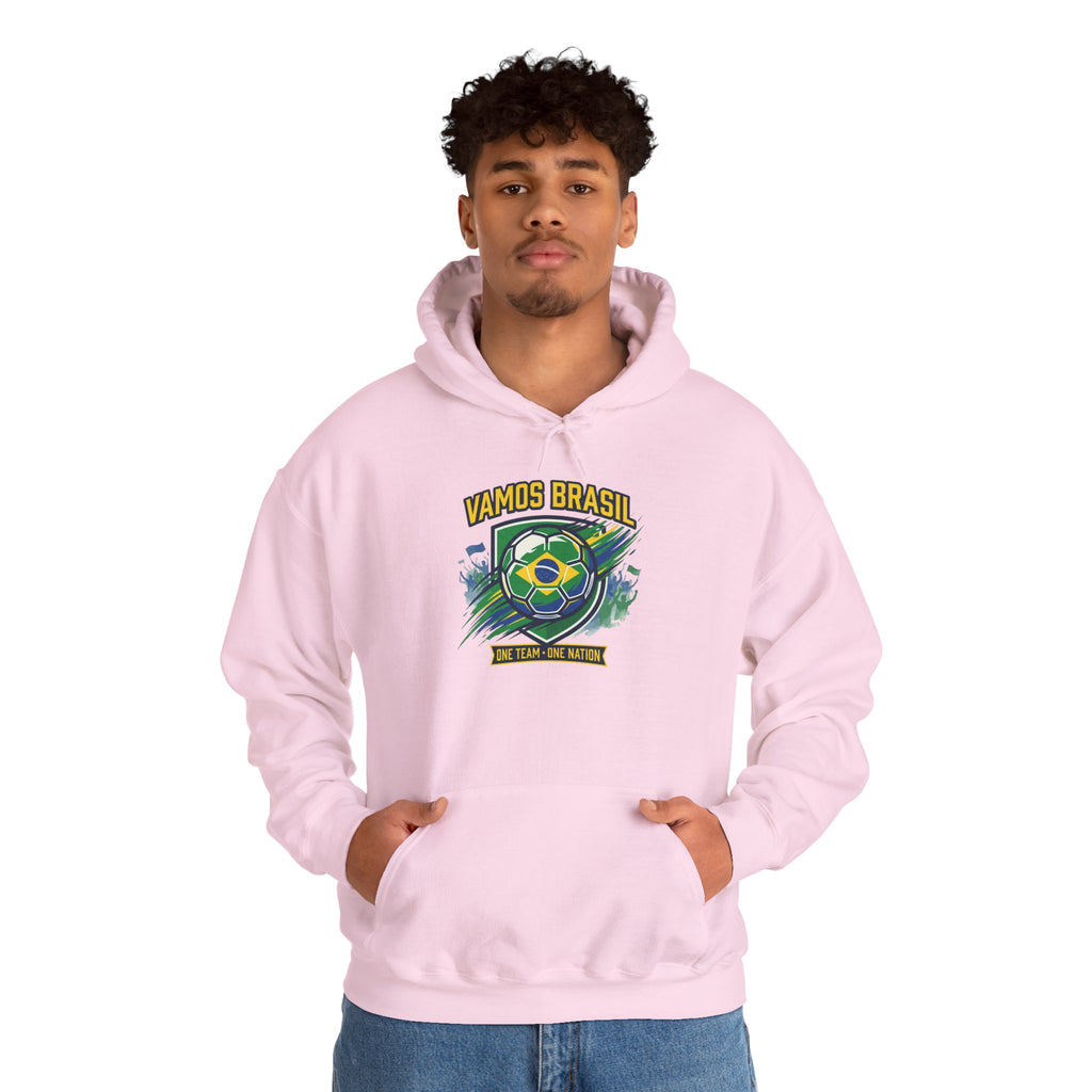 VAMOS BRASIL Retro Soccer Crest Hoodie — Brazil Flag Country Pride