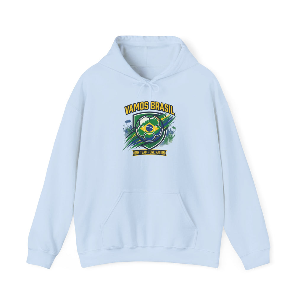VAMOS BRASIL Retro Soccer Crest Hoodie — Brazil Flag Country Pride