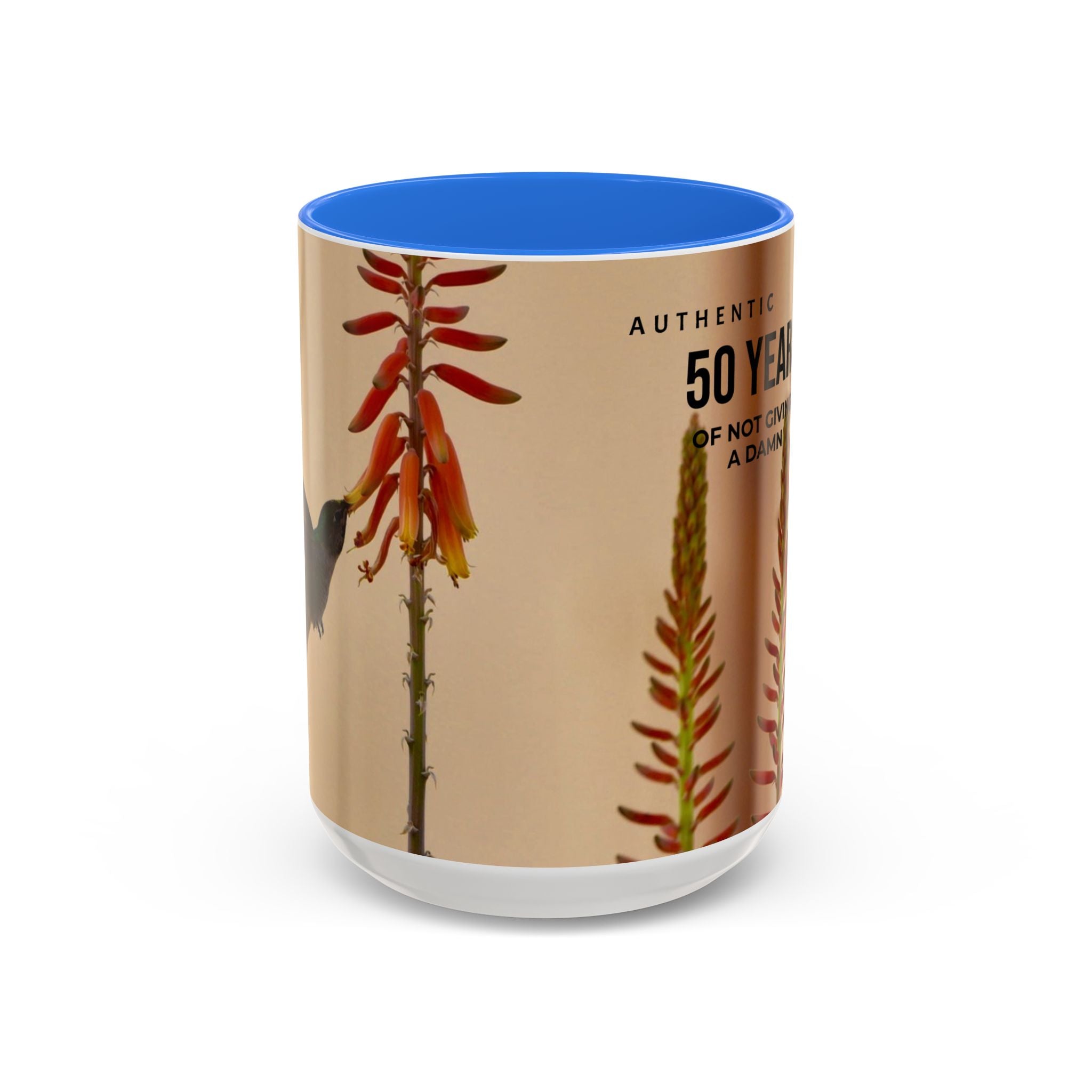 50 Years of Not Giving a Damn Mug — Vintage Floral Hummingbird Coffee Cup (11oz, 15oz)