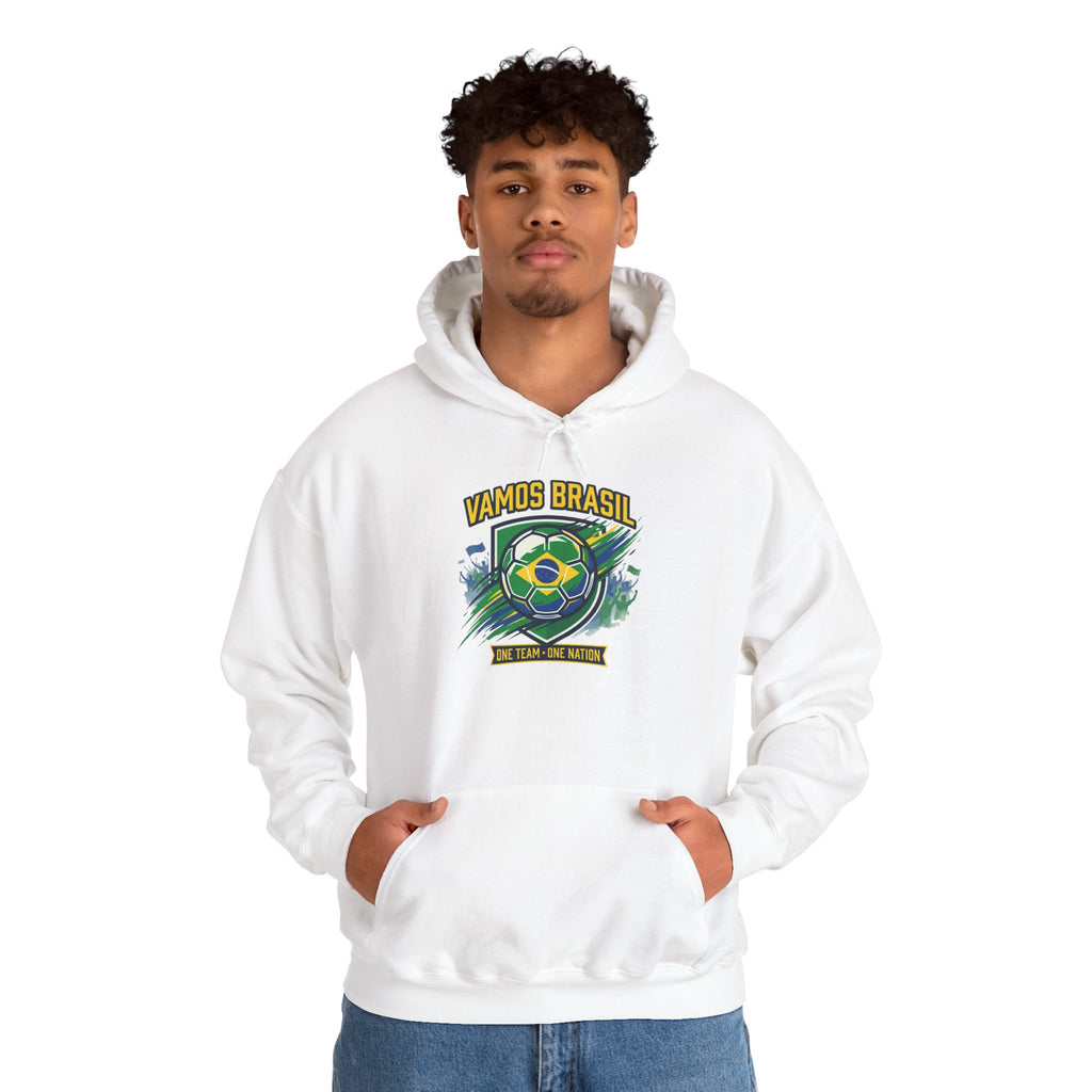 VAMOS BRASIL Retro Soccer Crest Hoodie — Brazil Flag Country Pride