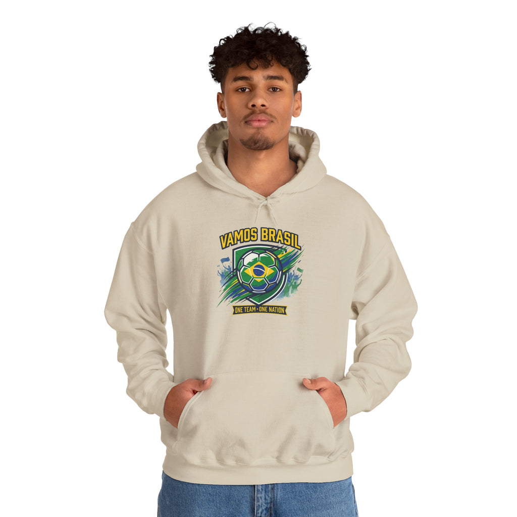 VAMOS BRASIL Retro Soccer Crest Hoodie — Brazil Flag Country Pride