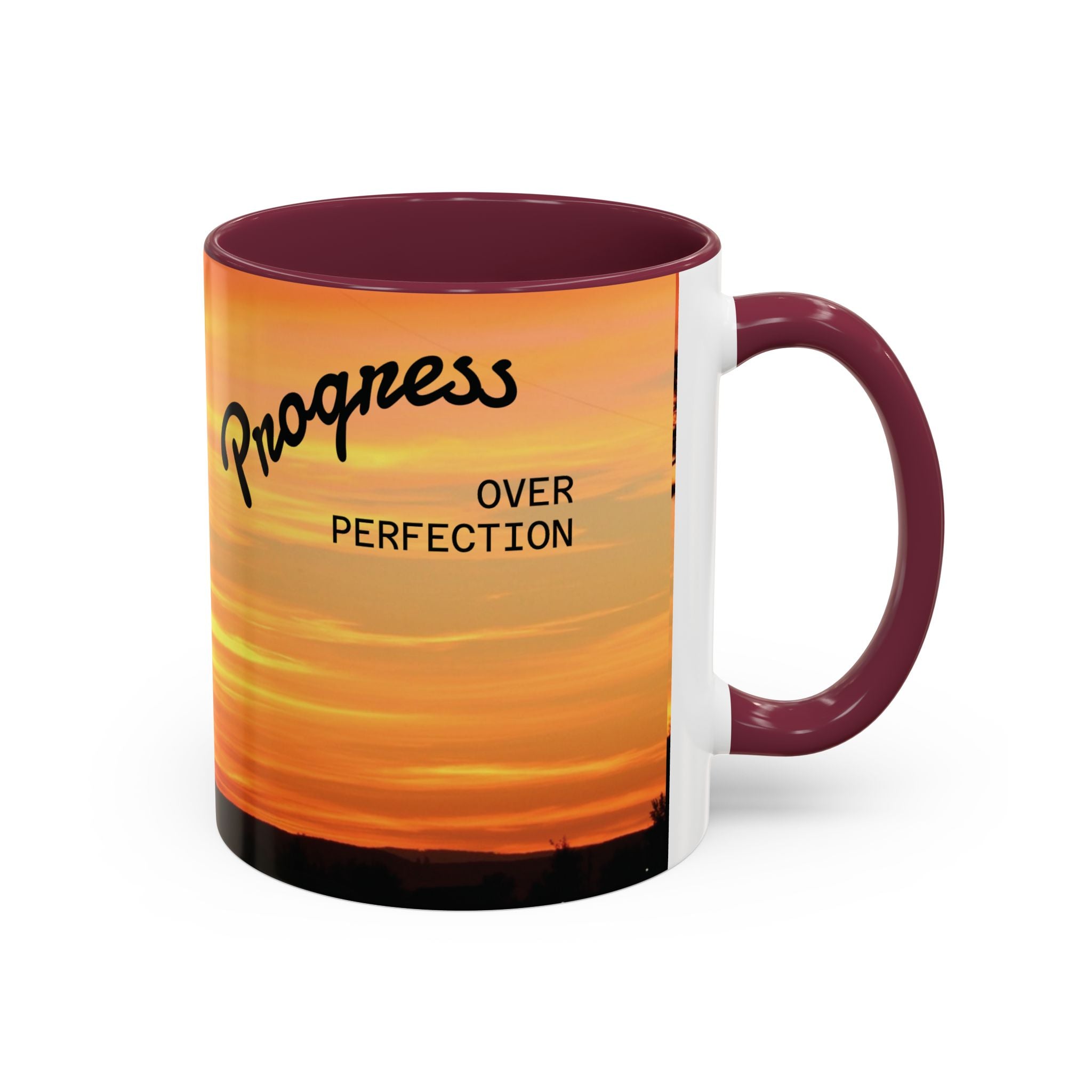 Progress Over Perfection Sunset Mug — Rural NE Oregon Motivational Coffee Cup (11oz/15oz)