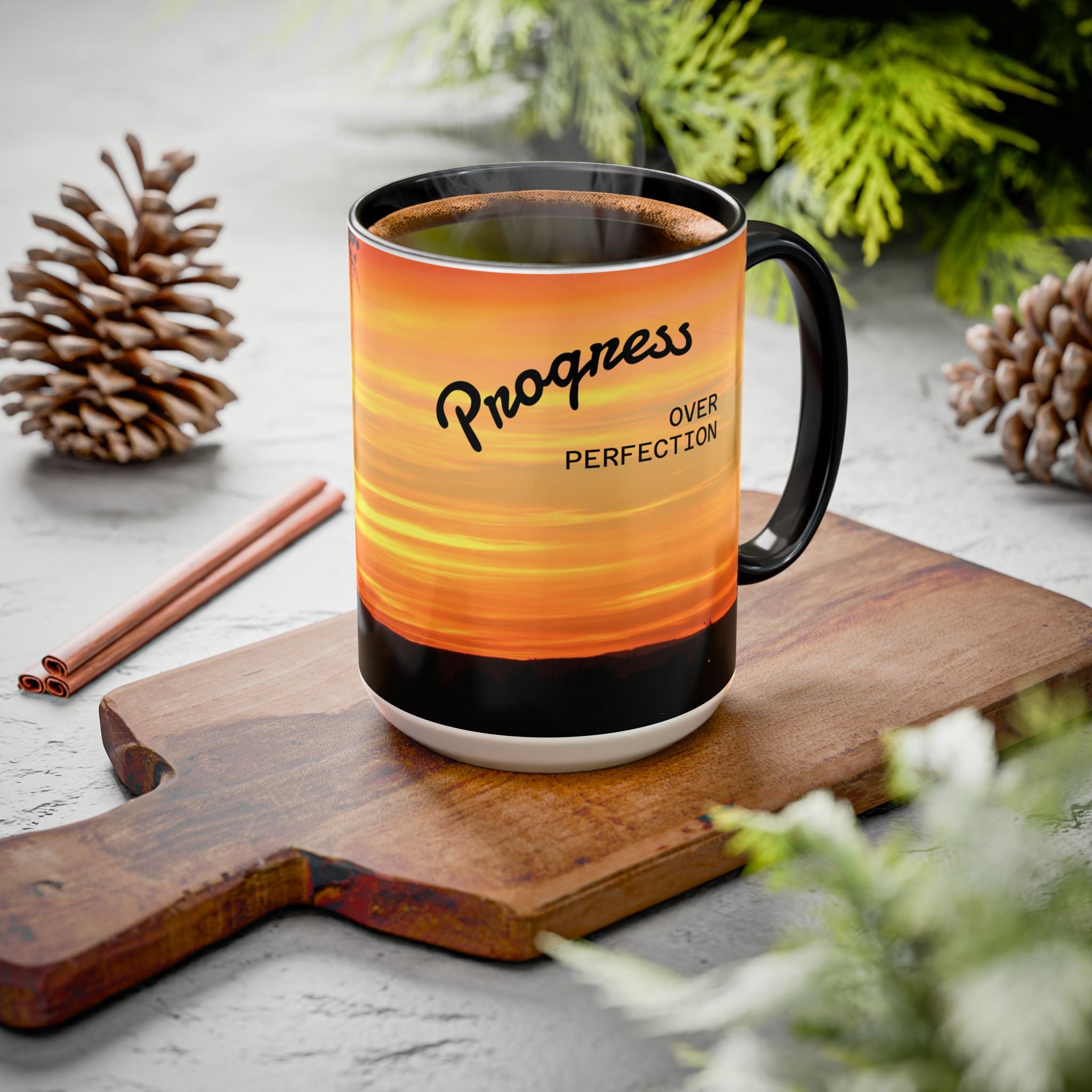 Progress Over Perfection Sunset Mug — Rural NE Oregon Motivational Coffee Cup (11oz/15oz)