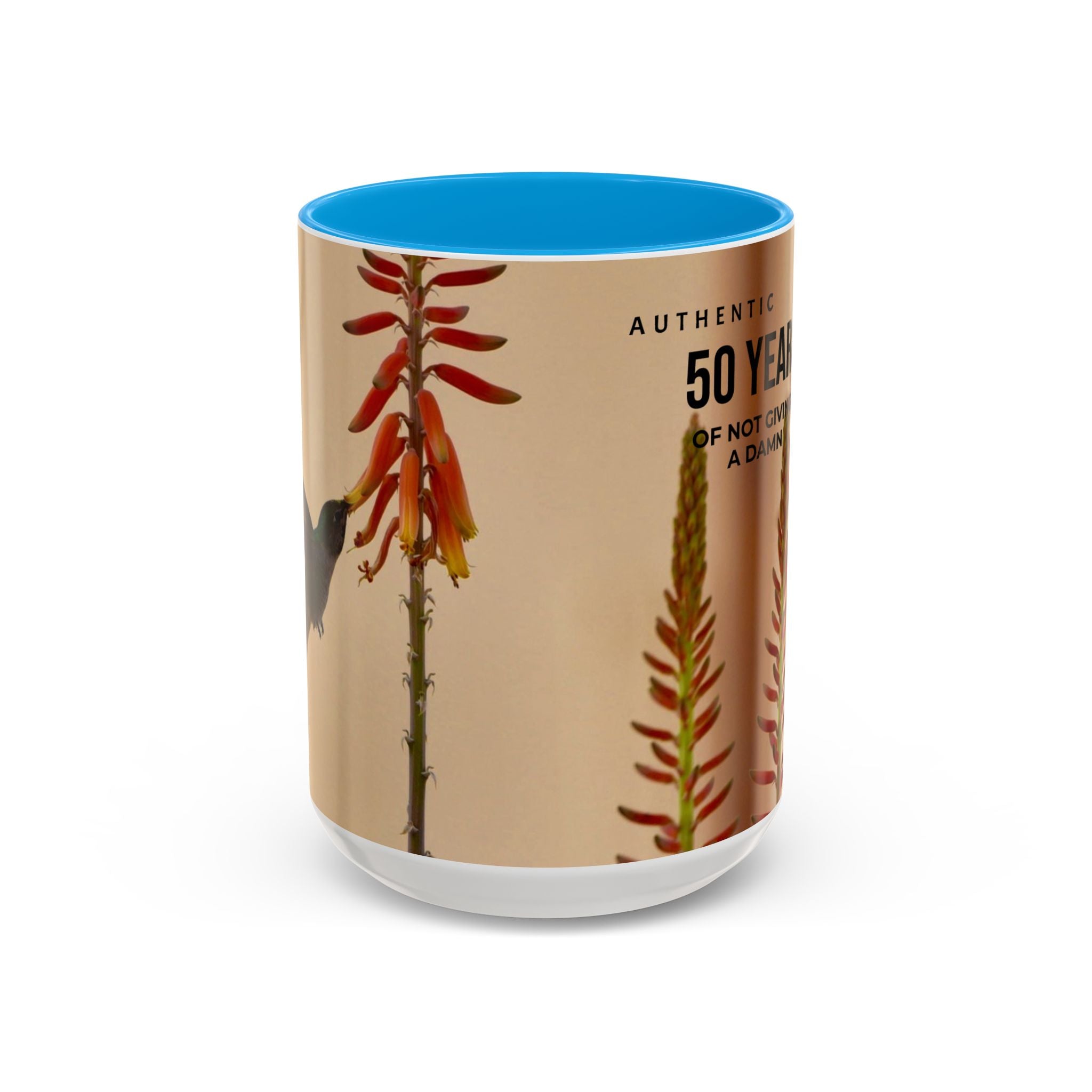 50 Years of Not Giving a Damn Mug — Vintage Floral Hummingbird Coffee Cup (11oz, 15oz)