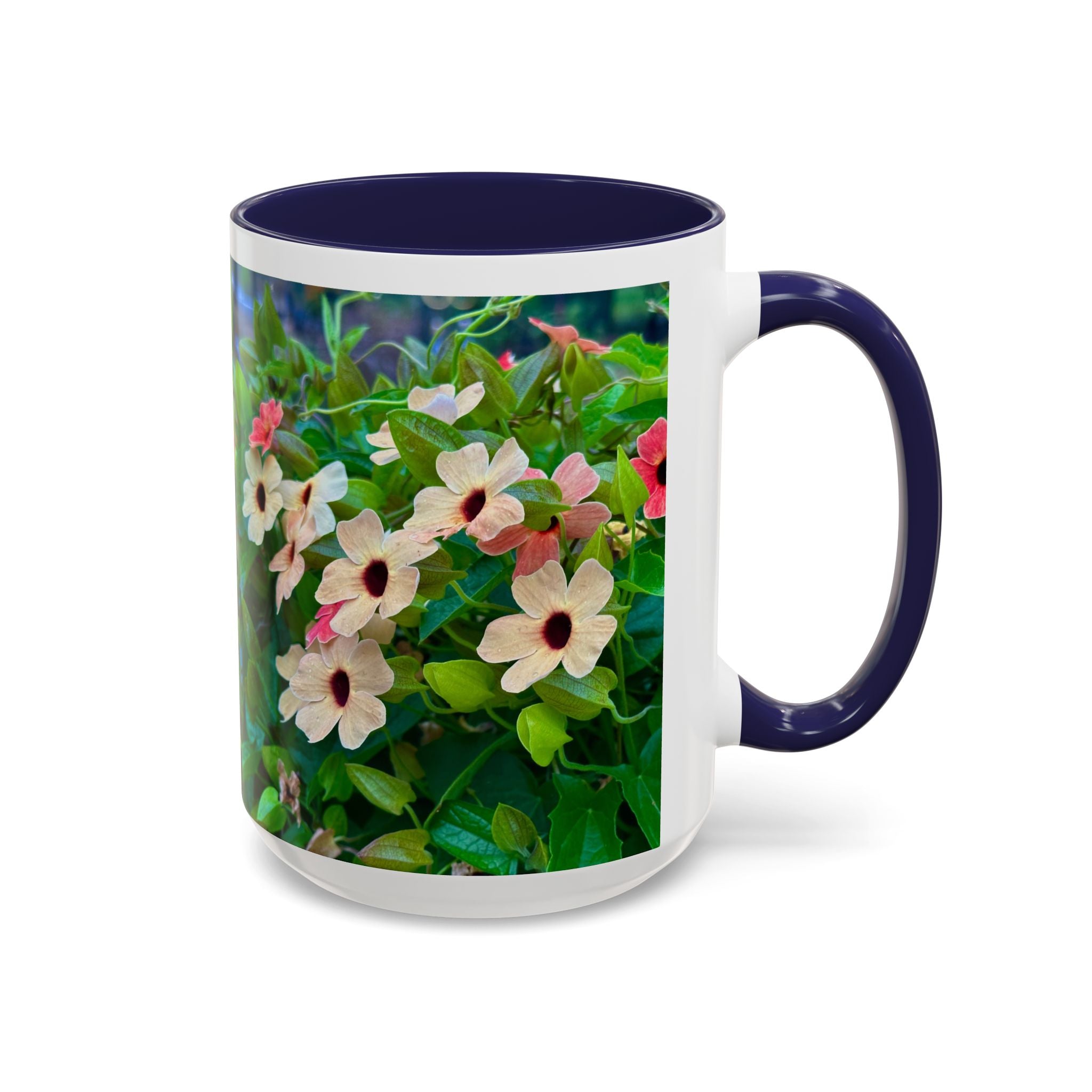 Floral Vinca Accent Coffee Mug — Pink & White Petunia Garden Design (11/15oz)
