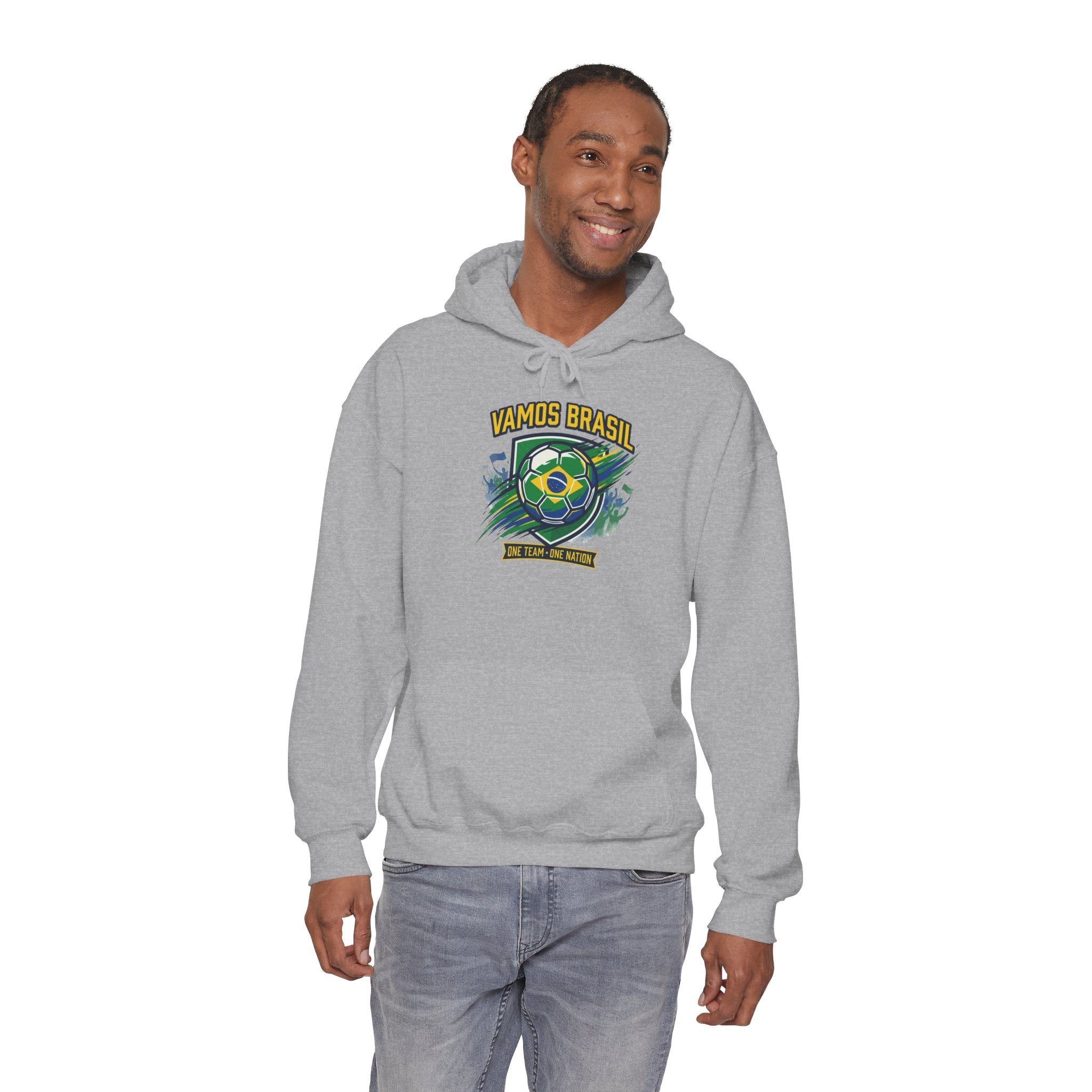 VAMOS BRASIL Retro Soccer Crest Hoodie — Brazil Flag Country Pride