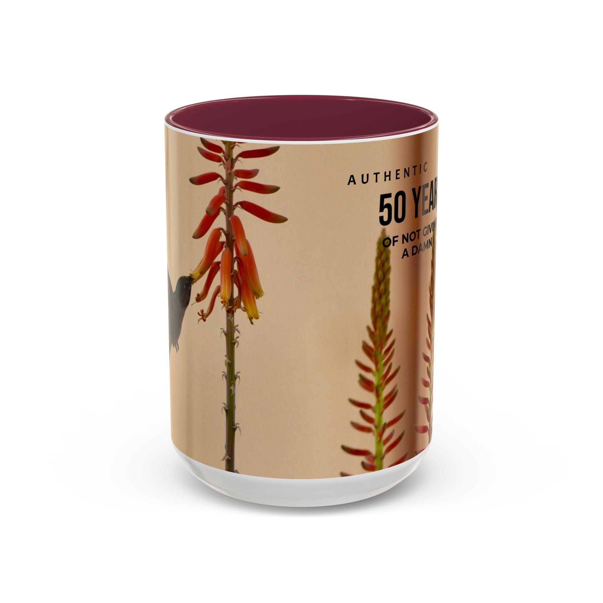 50 Years of Not Giving a Damn Mug — Vintage Floral Hummingbird Coffee Cup (11oz, 15oz)