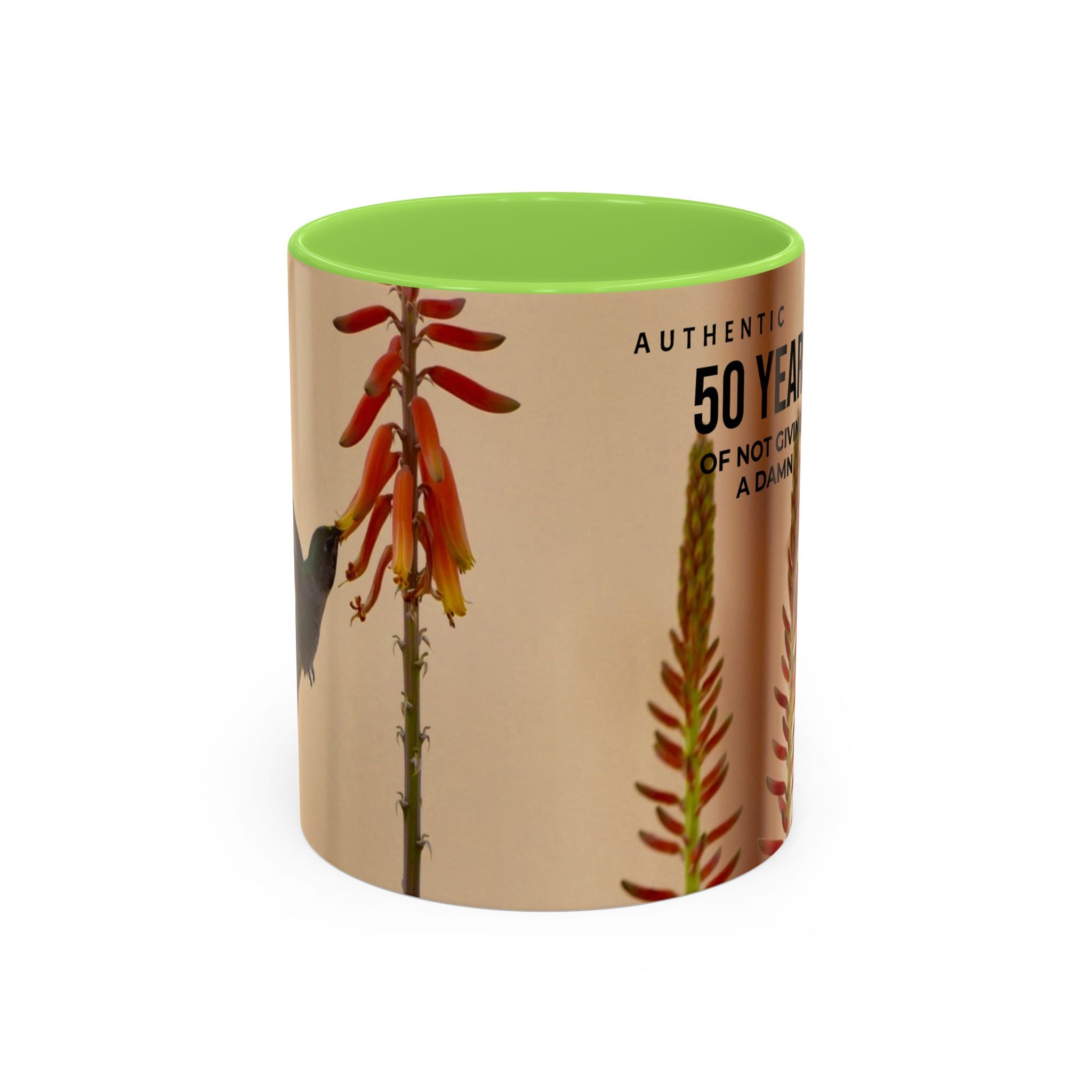 50 Years of Not Giving a Damn Mug — Vintage Floral Hummingbird Coffee Cup (11oz, 15oz)