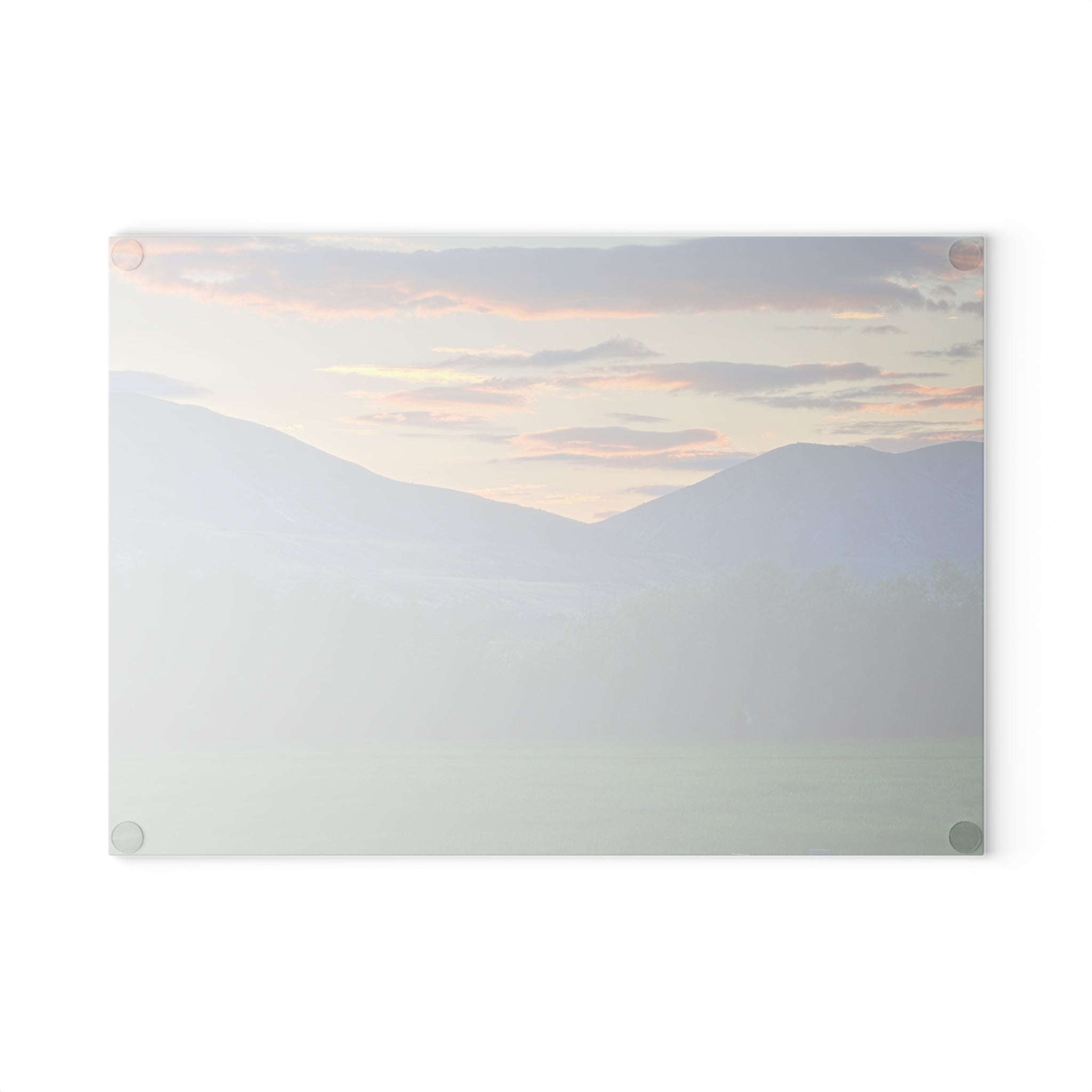 Sunset Valley Glass Cutting Board — Scenic Mountain Landscape Kitchen Decor