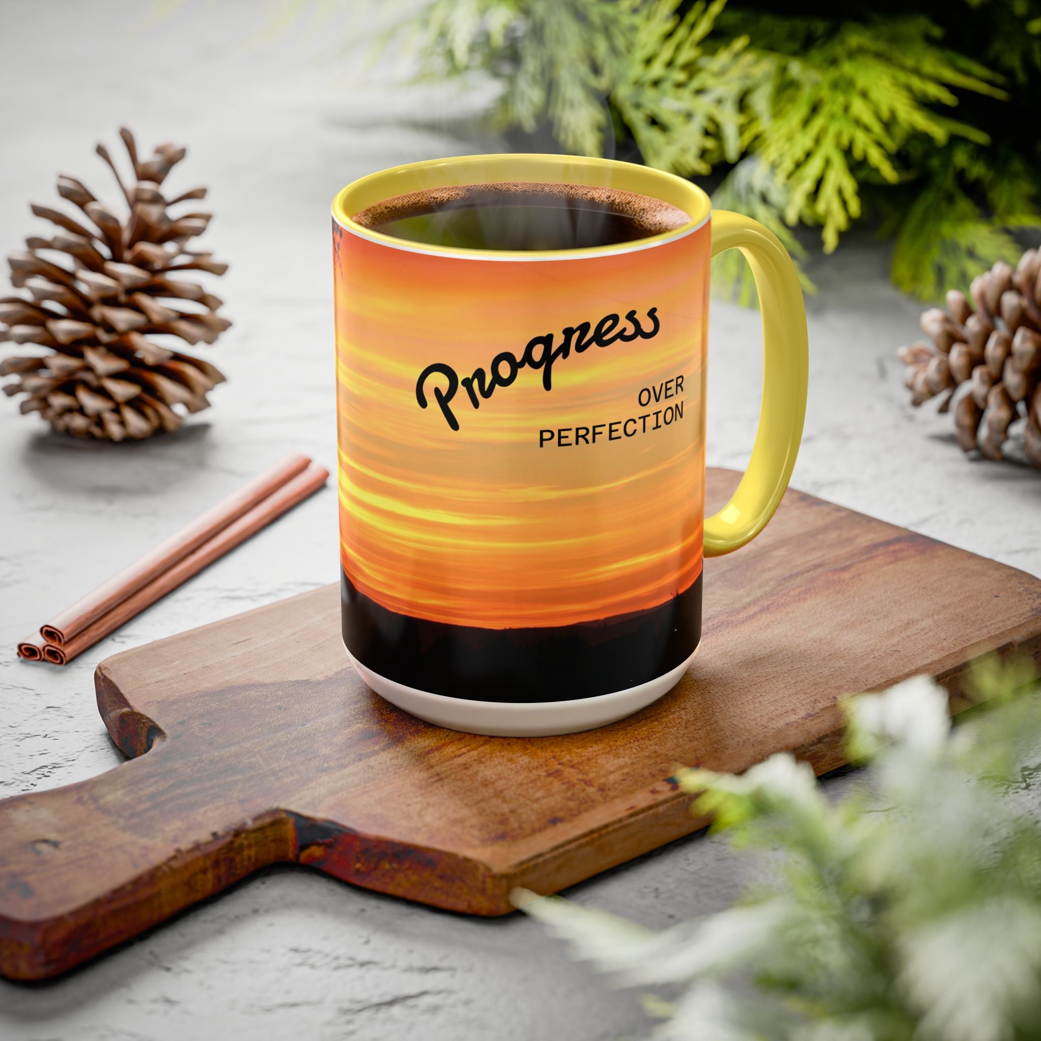 Progress Over Perfection Sunset Mug — Rural NE Oregon Motivational Coffee Cup (11oz/15oz)