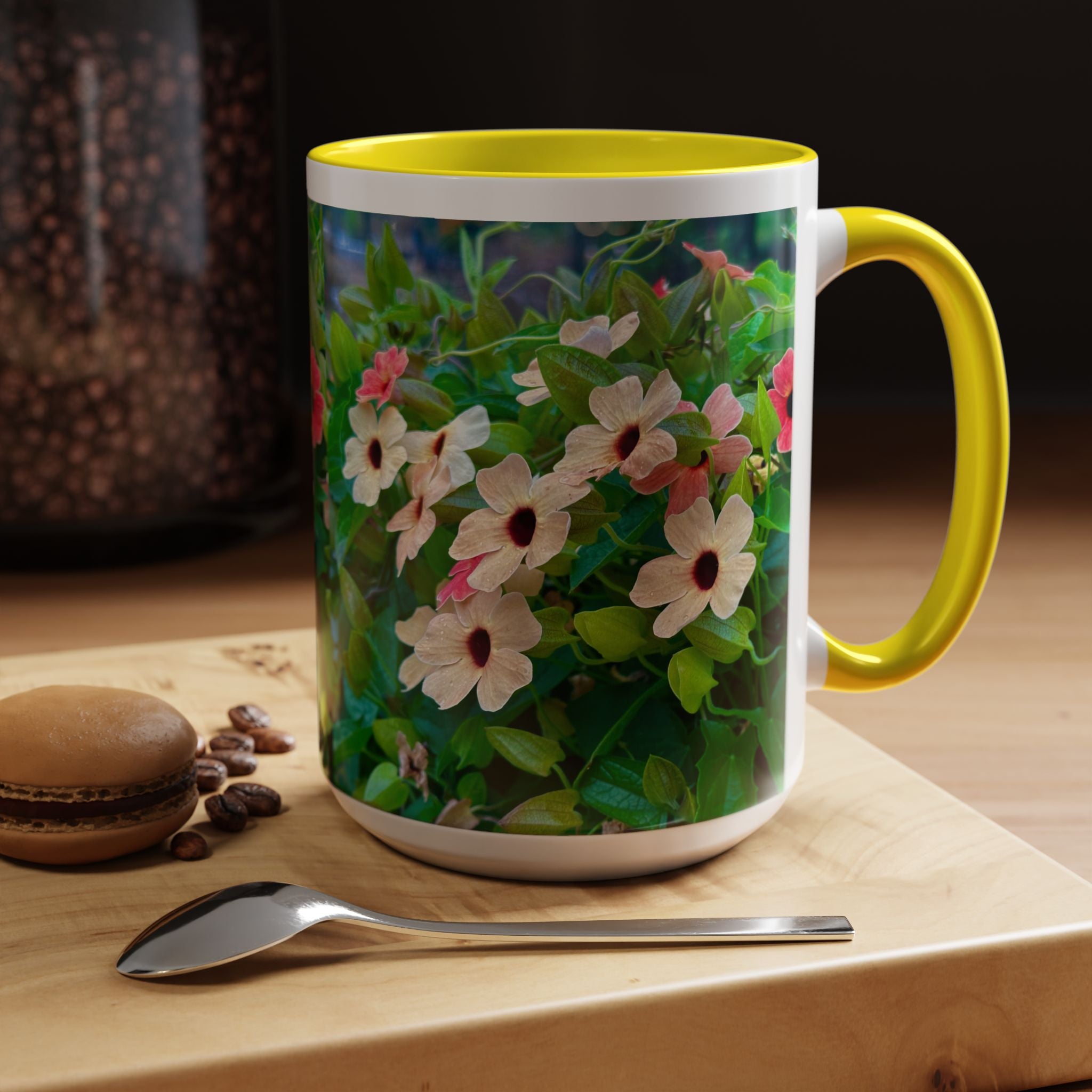 Floral Vinca Accent Coffee Mug — Pink & White Petunia Garden Design (11/15oz)