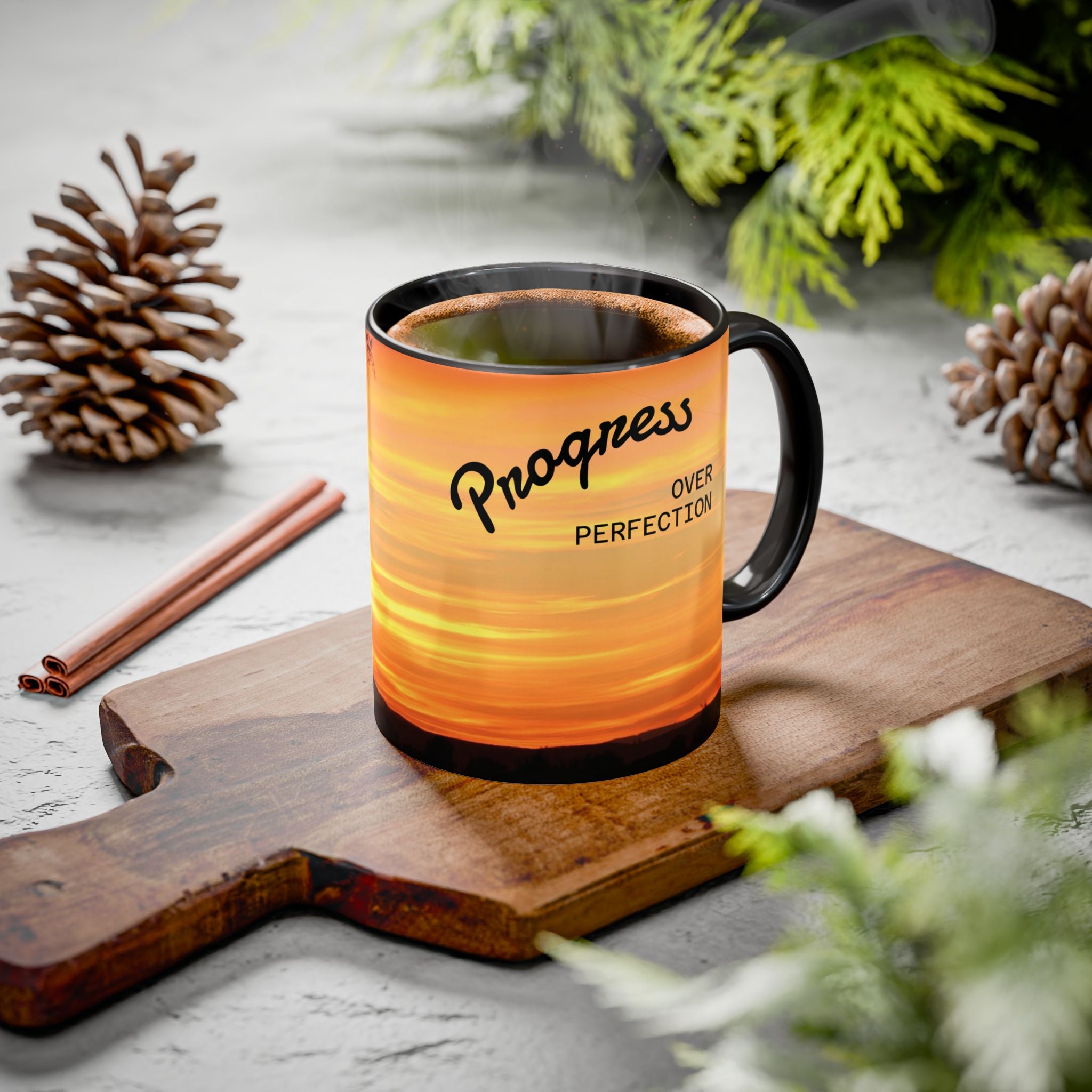 Progress Over Perfection Sunset Mug — Rural NE Oregon Motivational Coffee Cup (11oz/15oz)