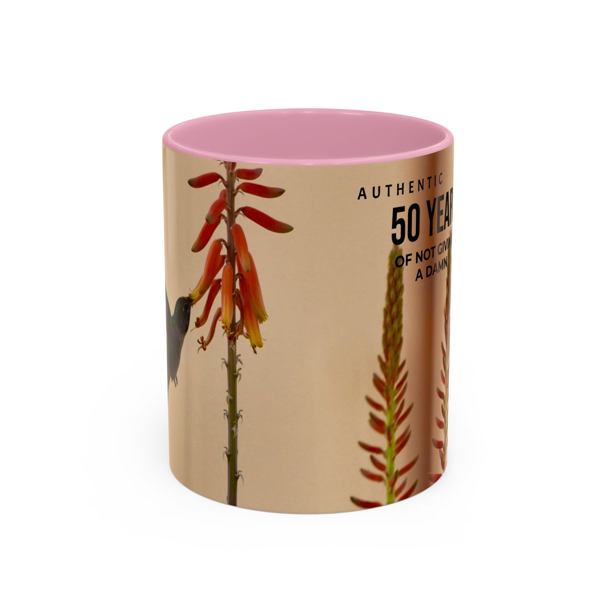 50 Years of Not Giving a Damn Mug — Vintage Floral Hummingbird Coffee Cup (11oz, 15oz)