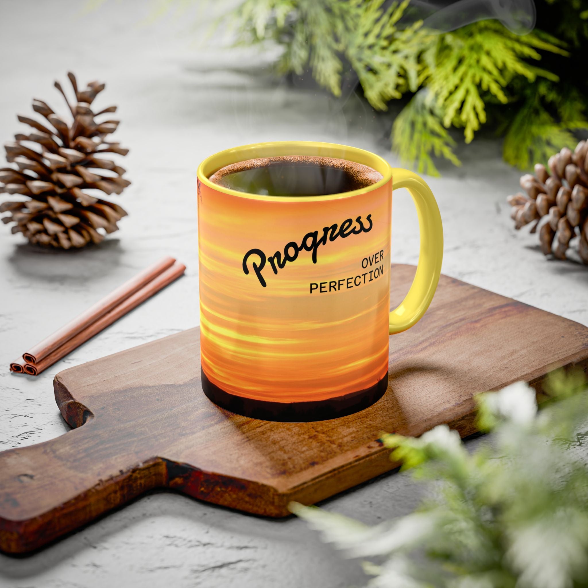 Progress Over Perfection Sunset Mug — Rural NE Oregon Motivational Coffee Cup (11oz/15oz)