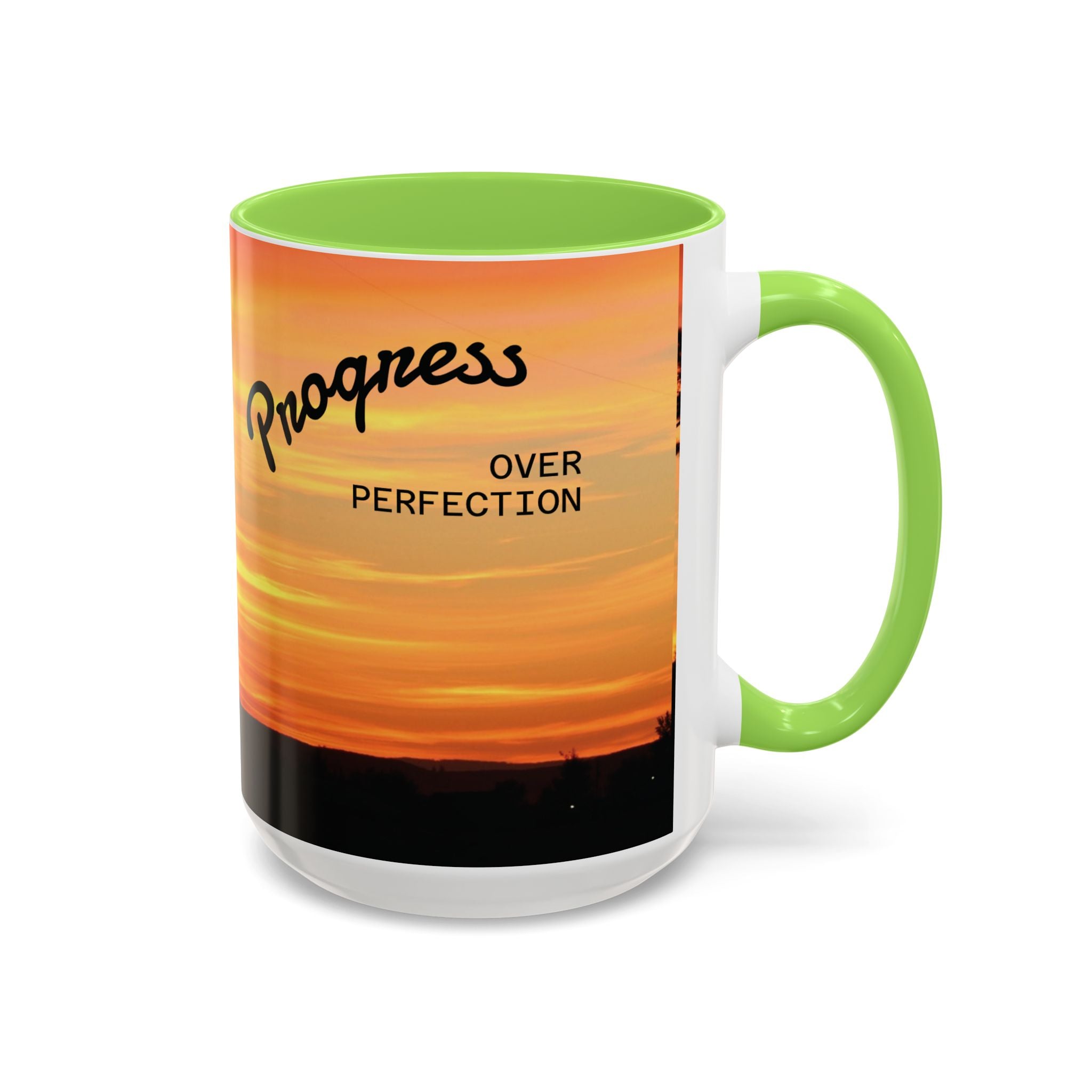 Progress Over Perfection Sunset Mug — Rural NE Oregon Motivational Coffee Cup (11oz/15oz)